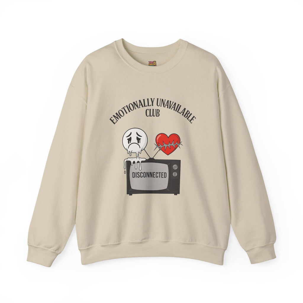 Emotionally Unavailable Club™ Oversized Graphic Sweatshirt – Sad Face, Barbed Heart, Disconnected TV
