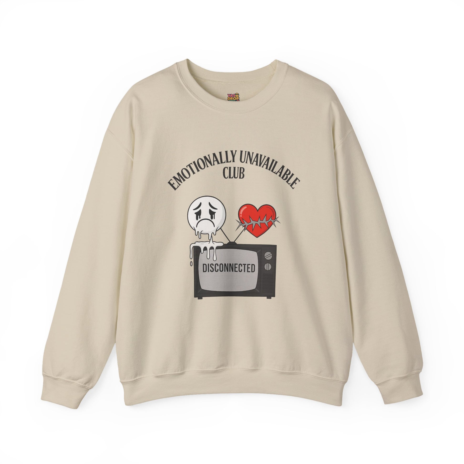 Emotionally Unavailable Club™ Oversized Graphic Sweatshirt – Sad Face, Barbed Heart, Disconnected TV