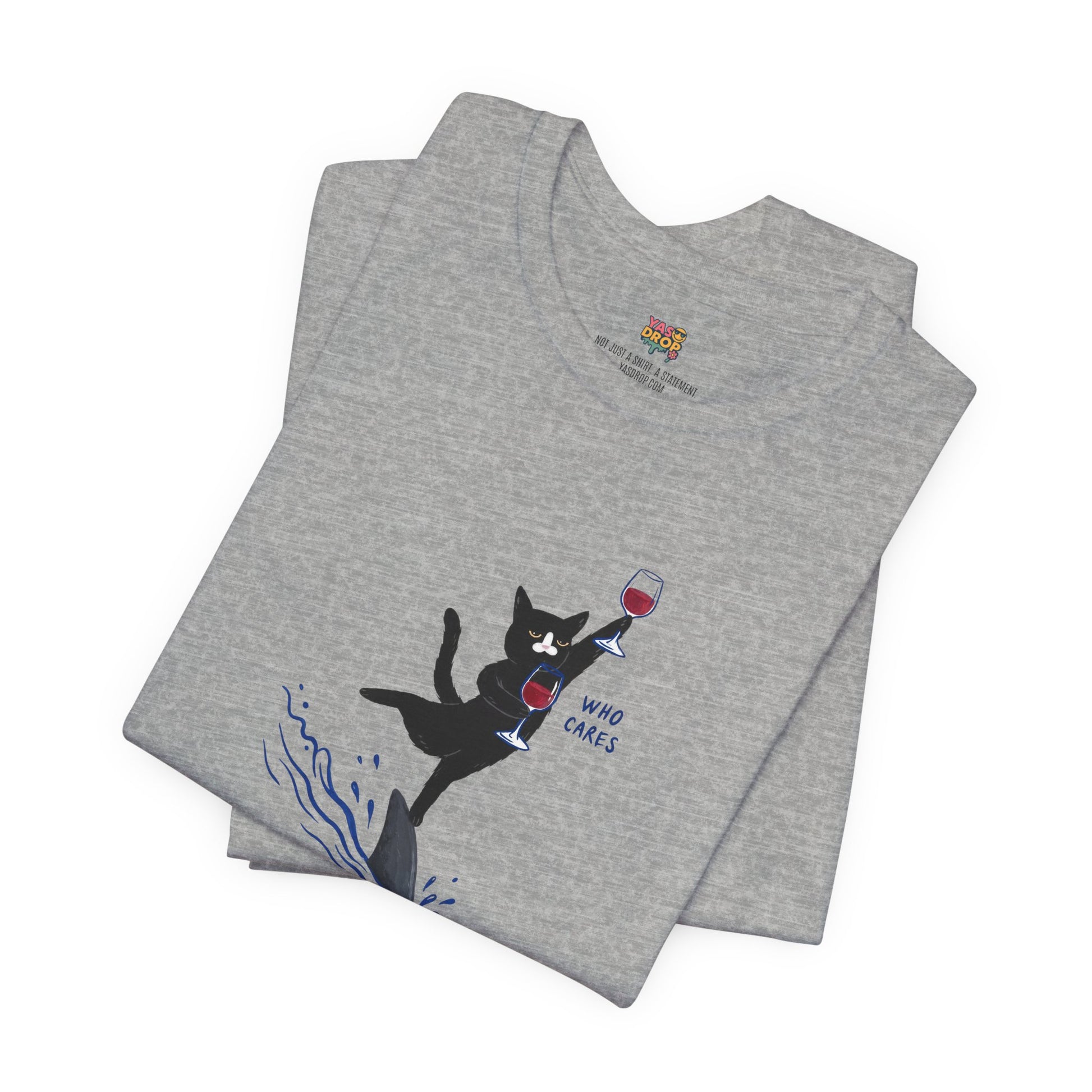 "Who Cares" Cat Surfing on Shark Graphic Tee – Ironic Minimalist Aesthetic Unisex T-Shirt