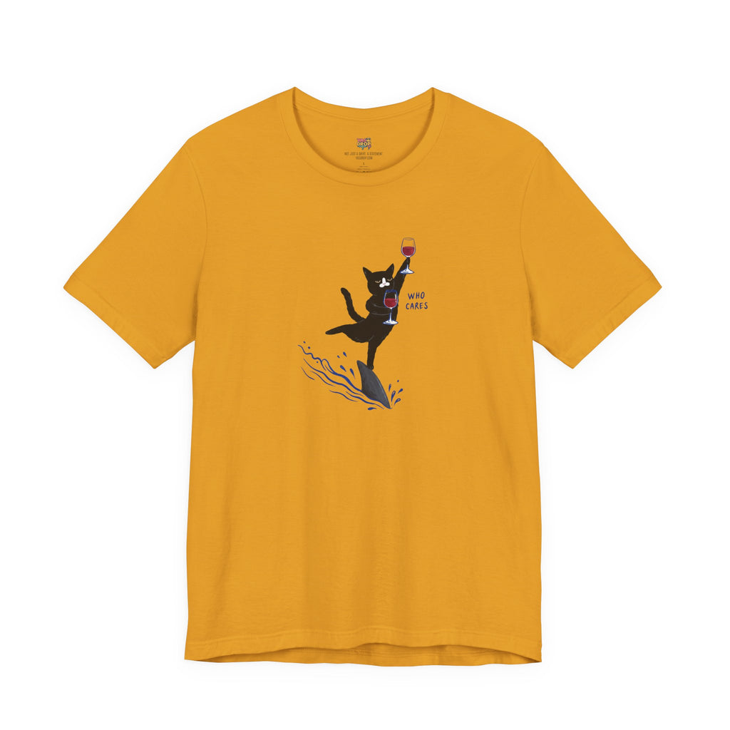 "Who Cares" Cat Surfing on Shark Graphic Tee – Ironic Minimalist Aesthetic Unisex T-Shirt