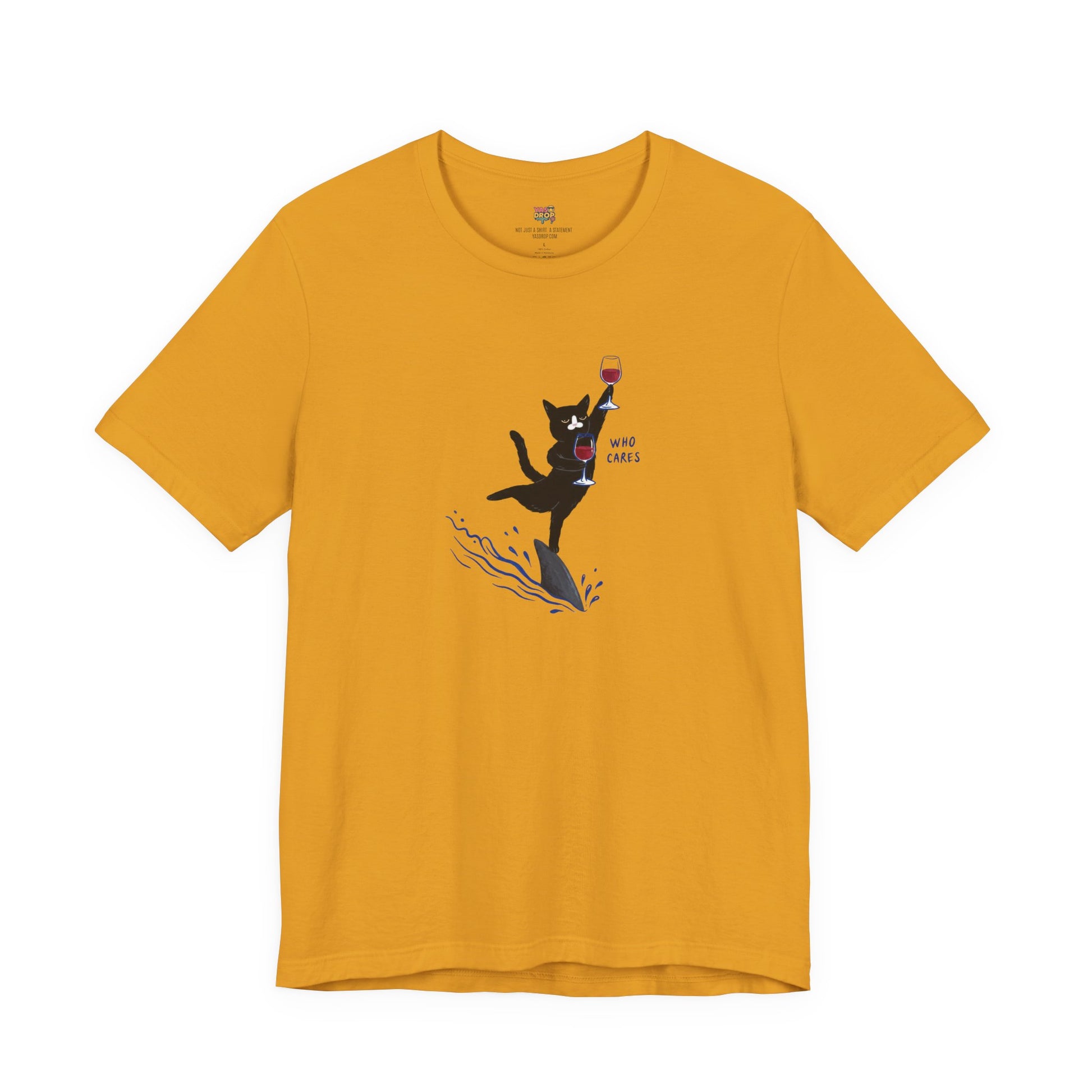 "Who Cares" Cat Surfing on Shark Graphic Tee – Ironic Minimalist Aesthetic Unisex T-Shirt