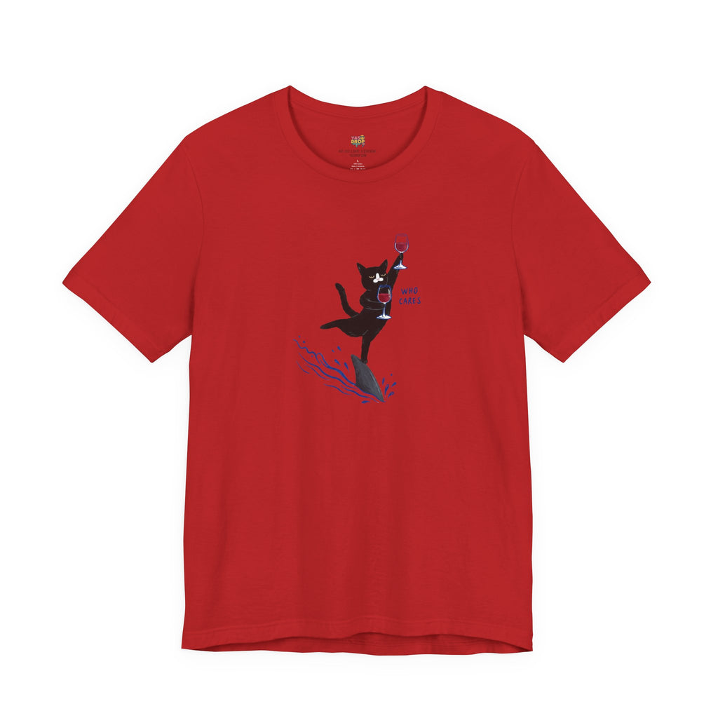 "Who Cares" Cat Surfing on Shark Graphic Tee – Ironic Minimalist Aesthetic Unisex T-Shirt