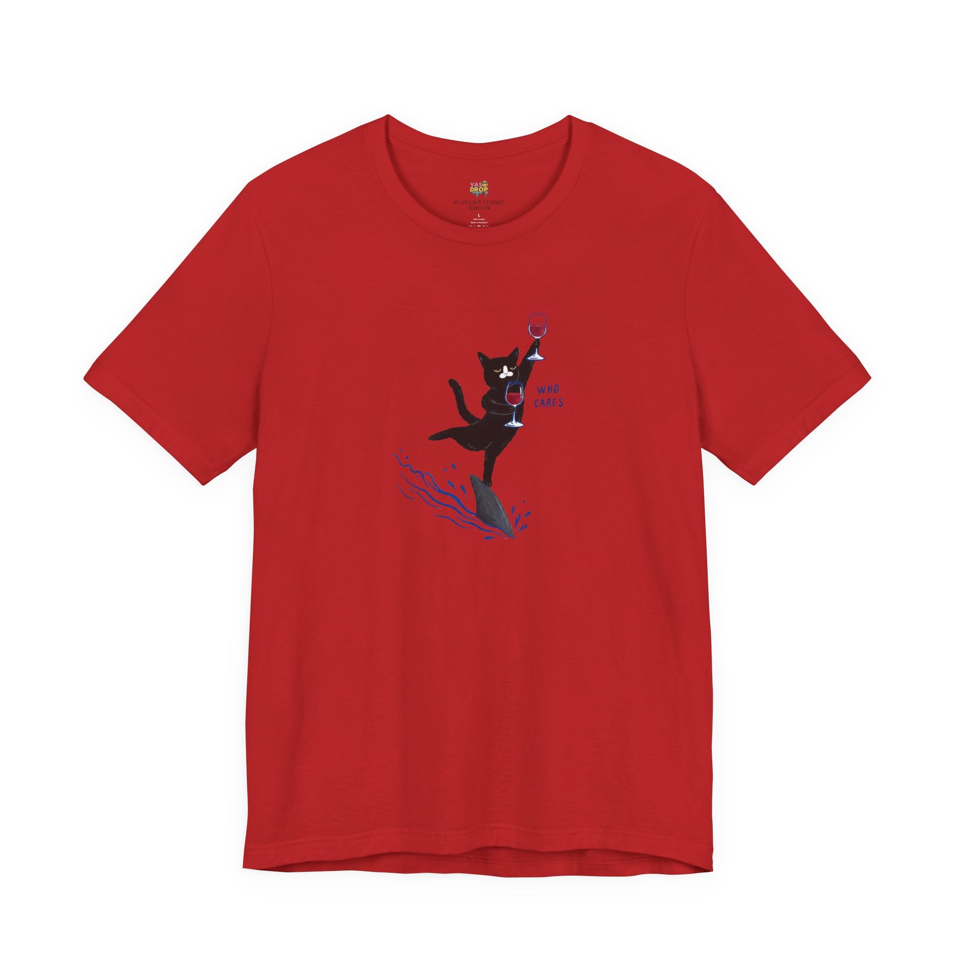 "Who Cares" Cat Surfing on Shark Graphic Tee – Ironic Minimalist Aesthetic Unisex T-Shirt