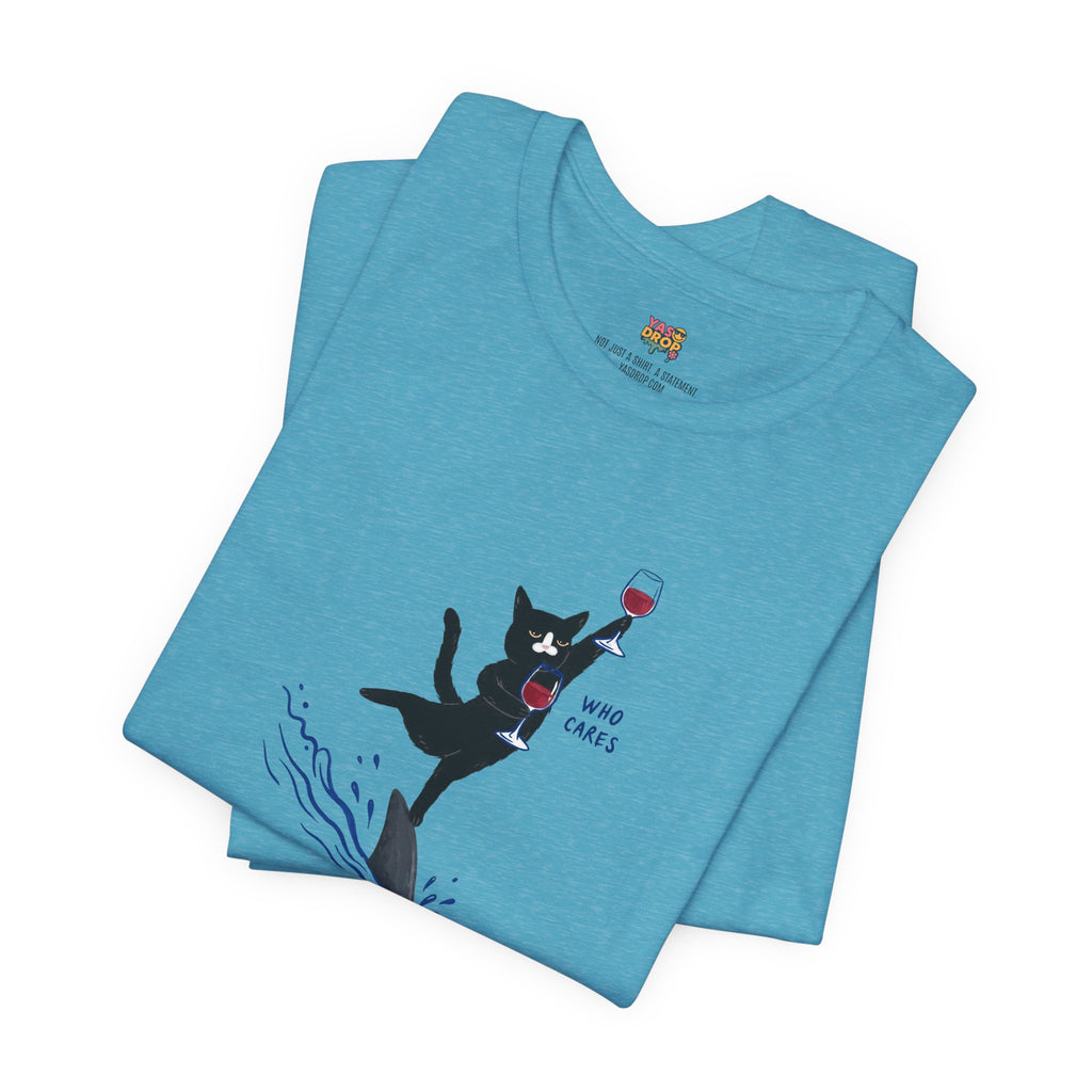 "Who Cares" Cat Surfing on Shark Graphic Tee – Ironic Minimalist Aesthetic Unisex T-Shirt