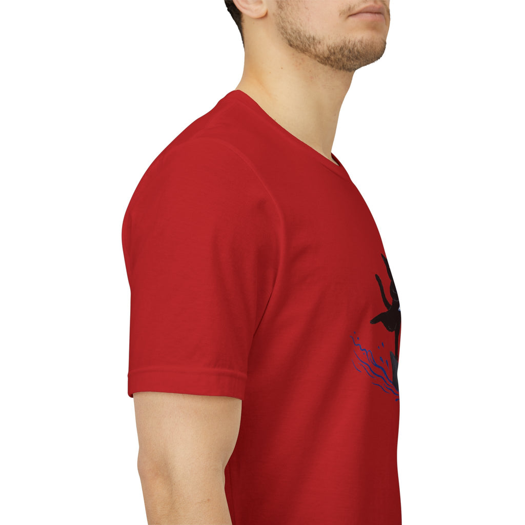 "Who Cares" Cat Surfing on Shark Graphic Tee – Ironic Minimalist Aesthetic Unisex T-Shirt