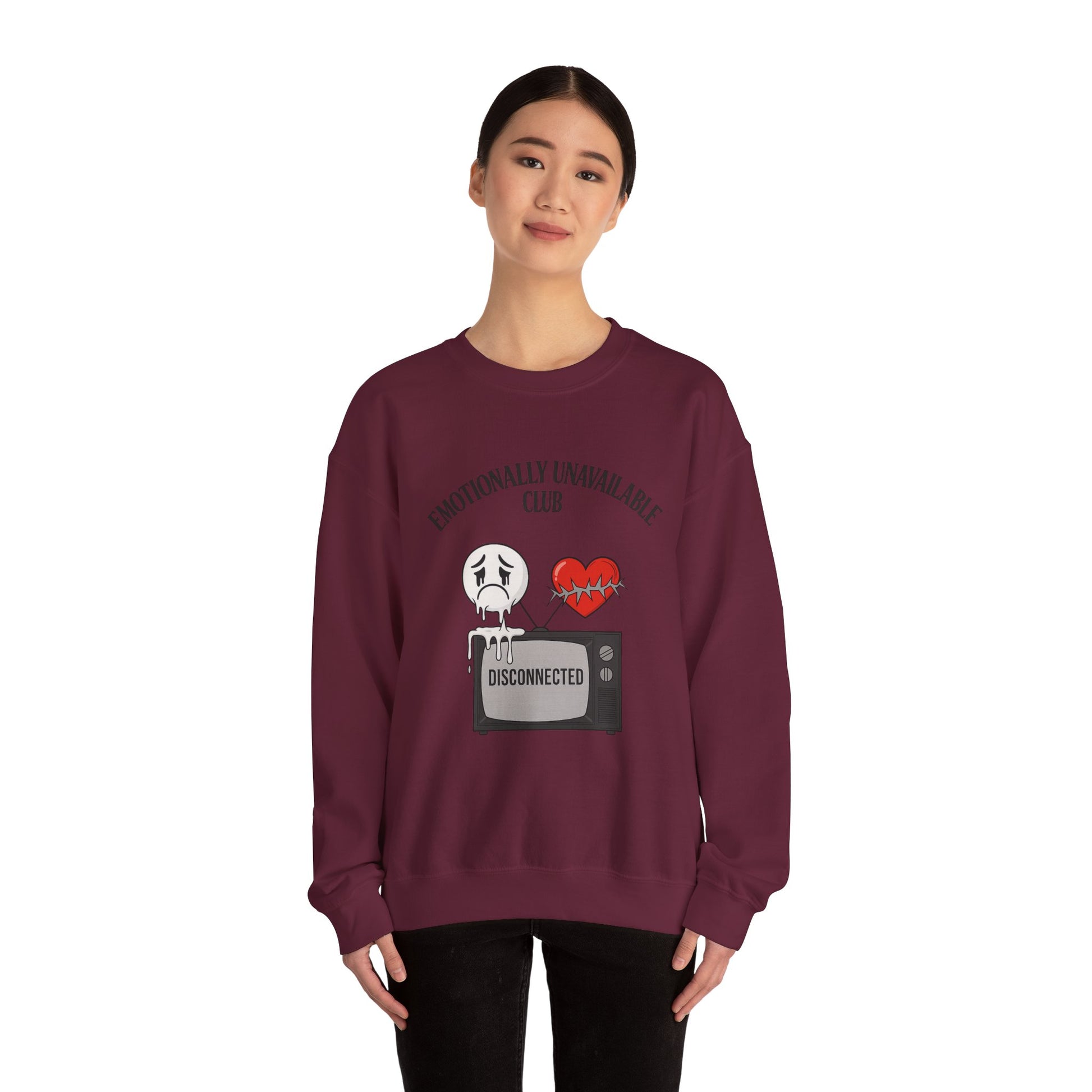 Emotionally Unavailable Club™ Oversized Graphic Sweatshirt – Sad Face, Barbed Heart, Disconnected TV