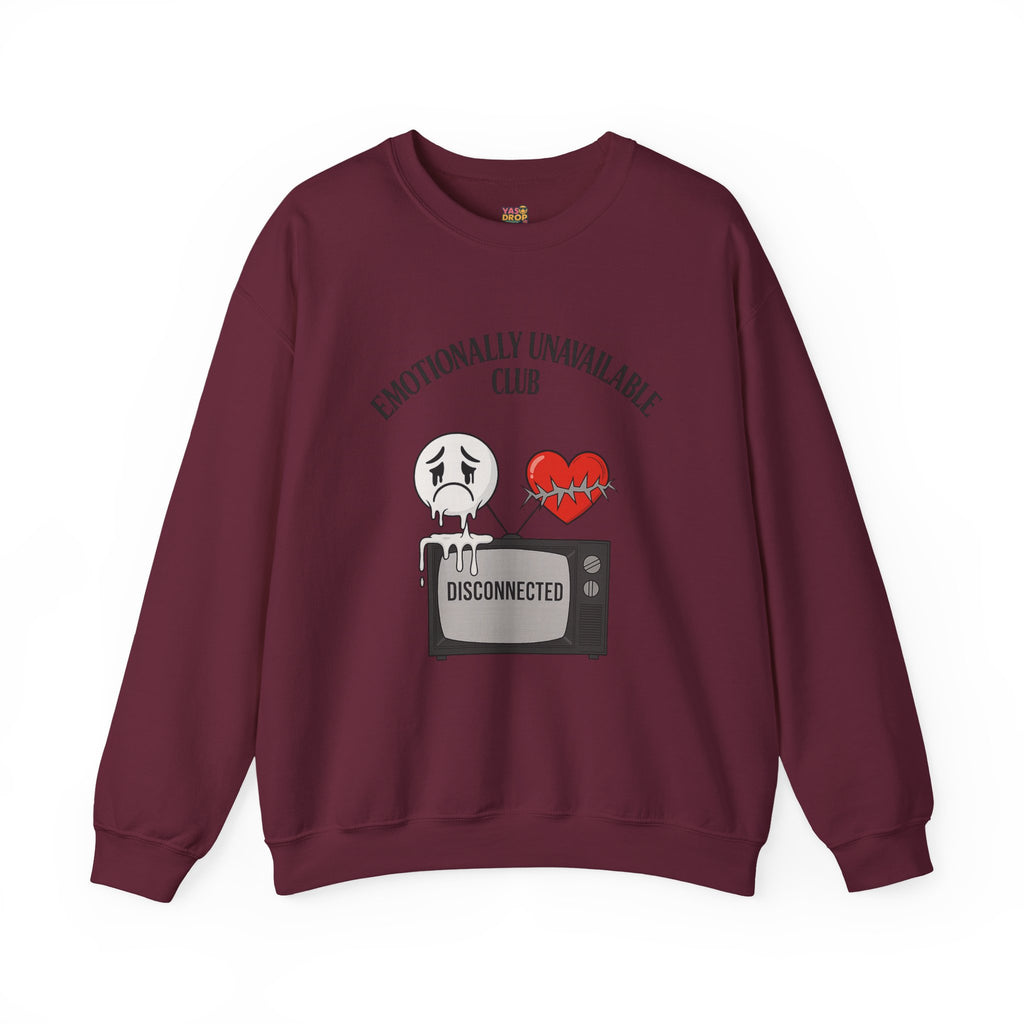 Emotionally Unavailable Club™ Oversized Graphic Sweatshirt – Sad Face, Barbed Heart, Disconnected TV