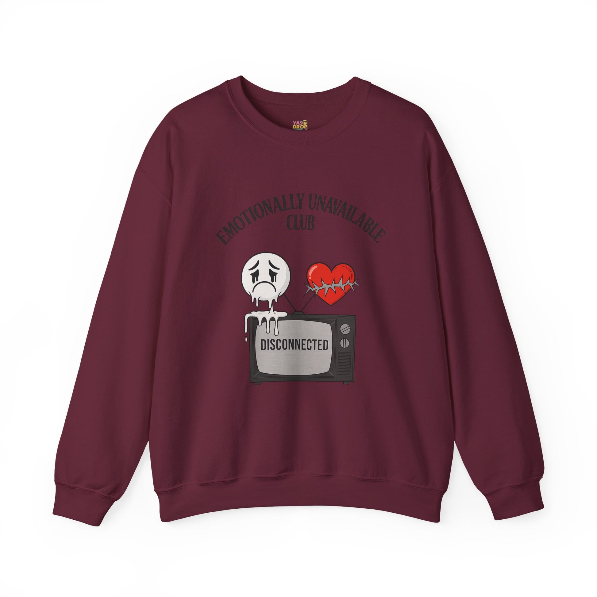 Emotionally Unavailable Club™ Oversized Graphic Sweatshirt – Sad Face, Barbed Heart, Disconnected TV