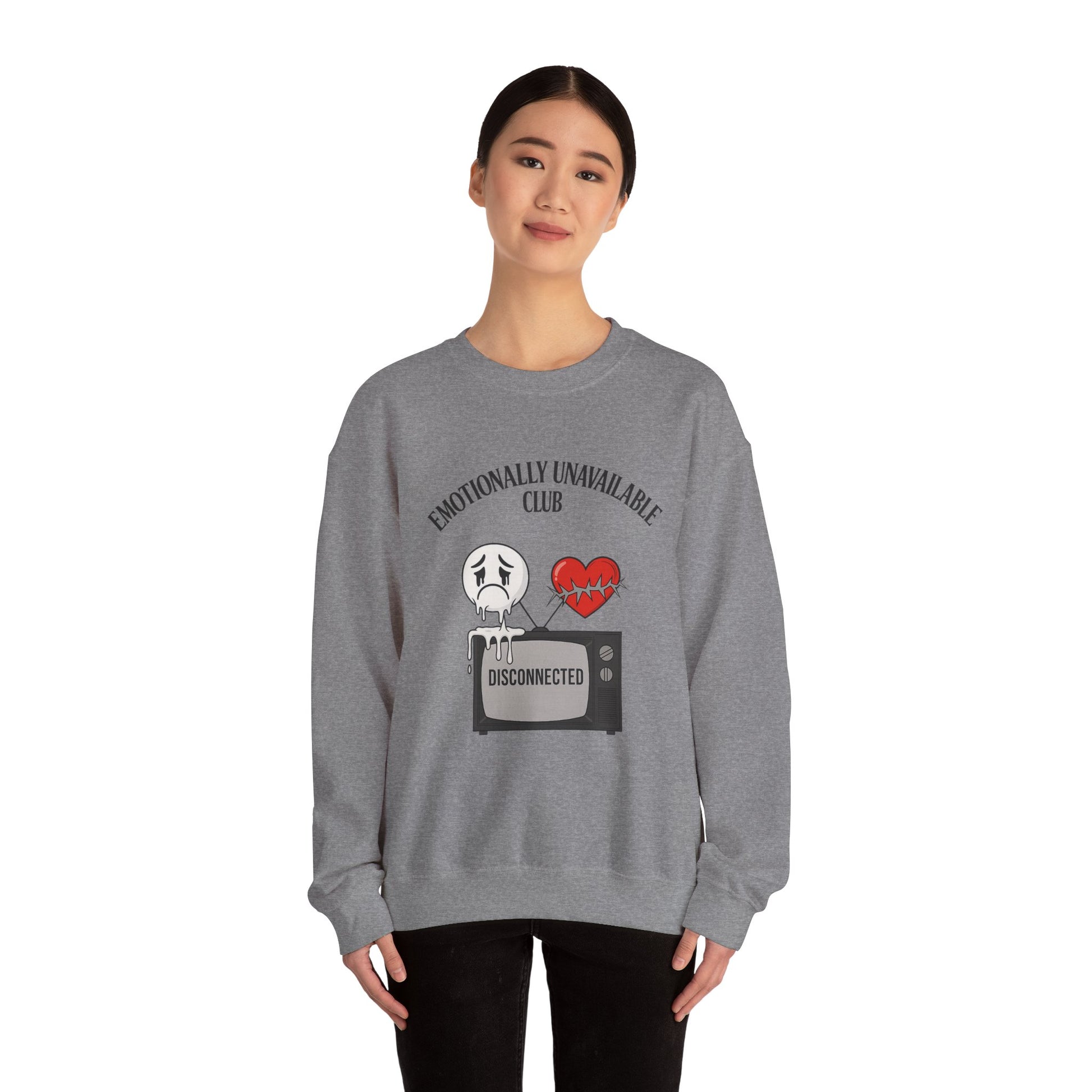 Emotionally Unavailable Club™ Oversized Graphic Sweatshirt – Sad Face, Barbed Heart, Disconnected TV