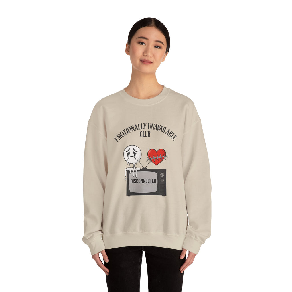 Emotionally Unavailable Club™ Oversized Graphic Sweatshirt – Sad Face, Barbed Heart, Disconnected TV