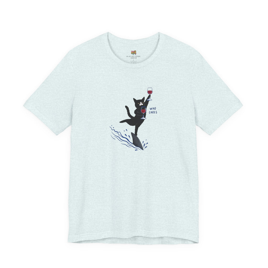 "Who Cares" Cat Surfing on Shark Graphic Tee – Ironic Minimalist Aesthetic Unisex T-Shirt