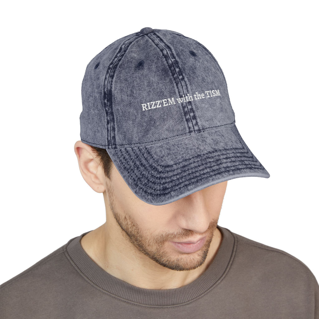 "Rizz 'Em With The Tism" Vintage Washed Embroidered Dad Hat | Trending Funny Meme Aesthetic Cap