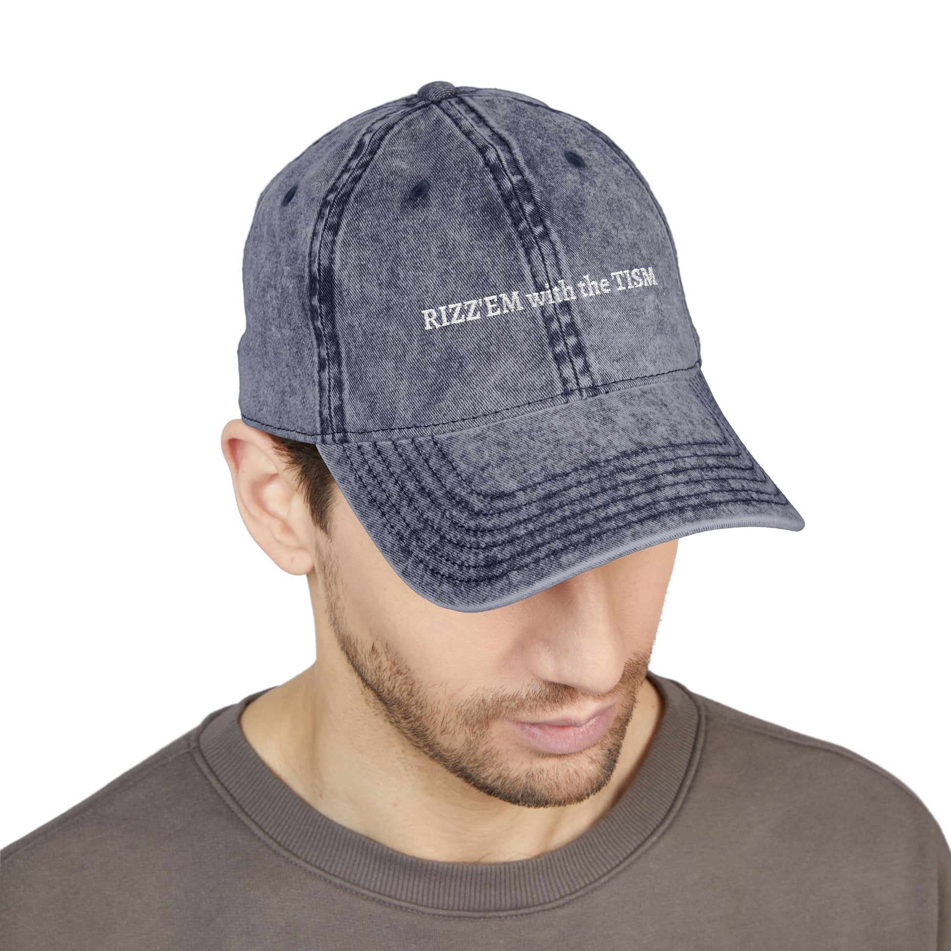 "Rizz 'Em With The Tism" Vintage Washed Embroidered Dad Hat | Trending Funny Meme Aesthetic Cap
