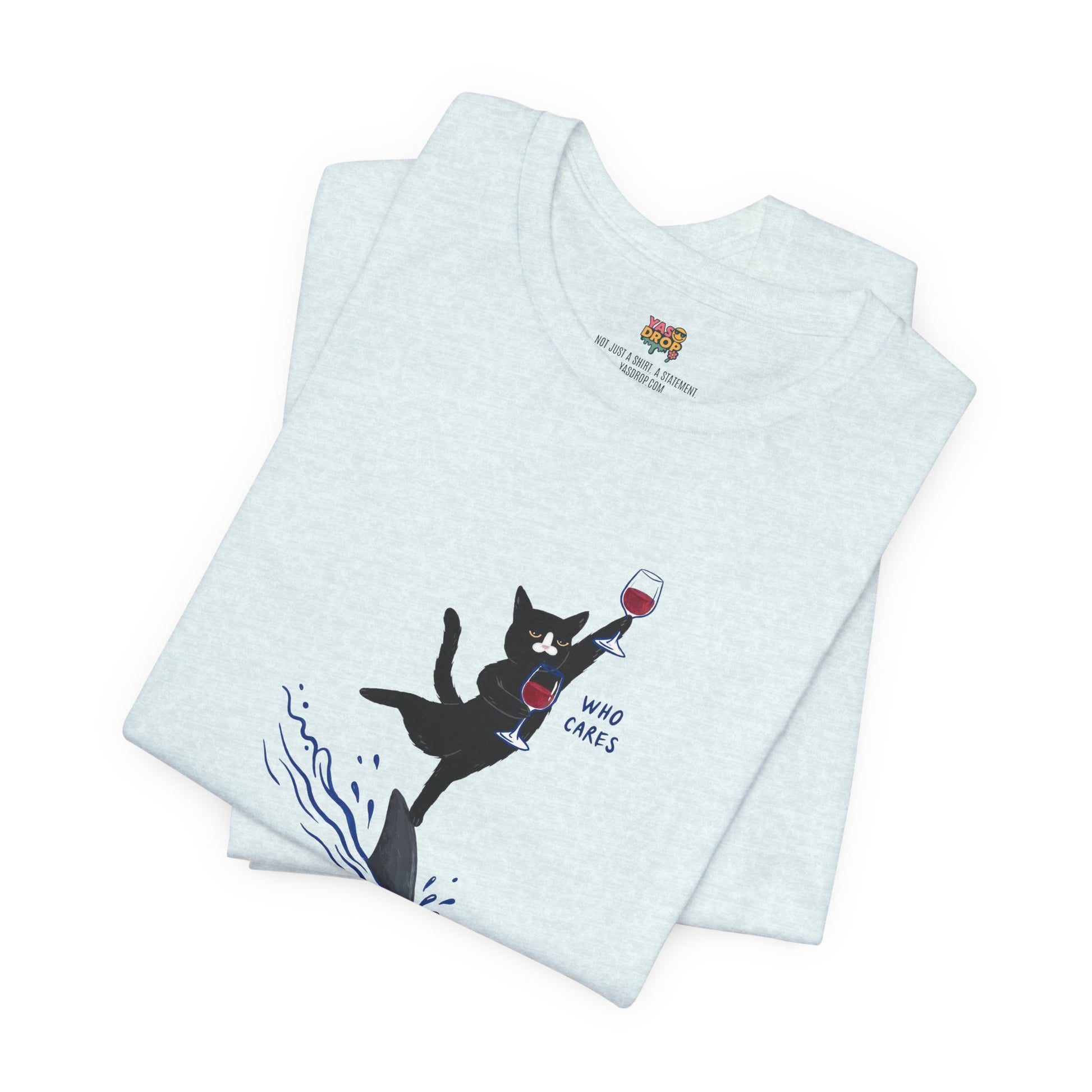 "Who Cares" Cat Surfing on Shark Graphic Tee – Ironic Minimalist Aesthetic Unisex T-Shirt
