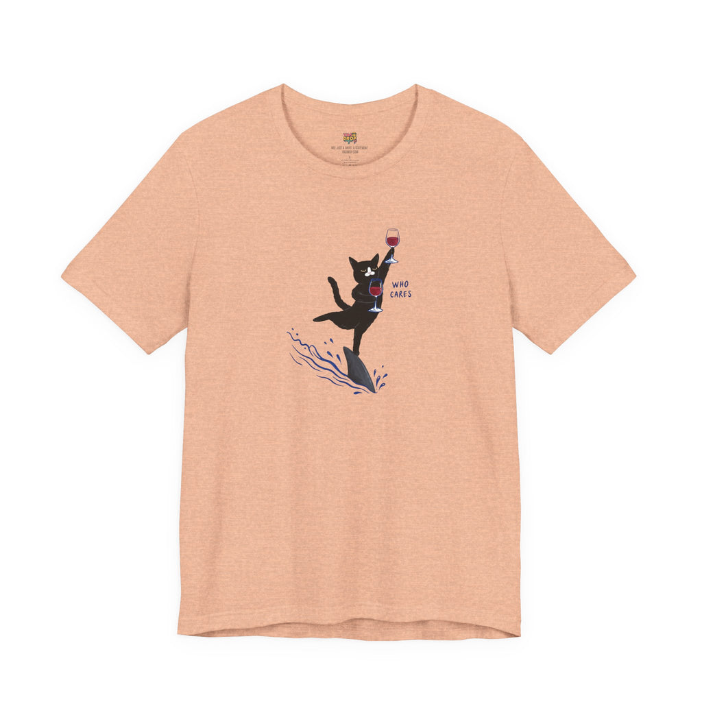 "Who Cares" Cat Surfing on Shark Graphic Tee – Ironic Minimalist Aesthetic Unisex T-Shirt