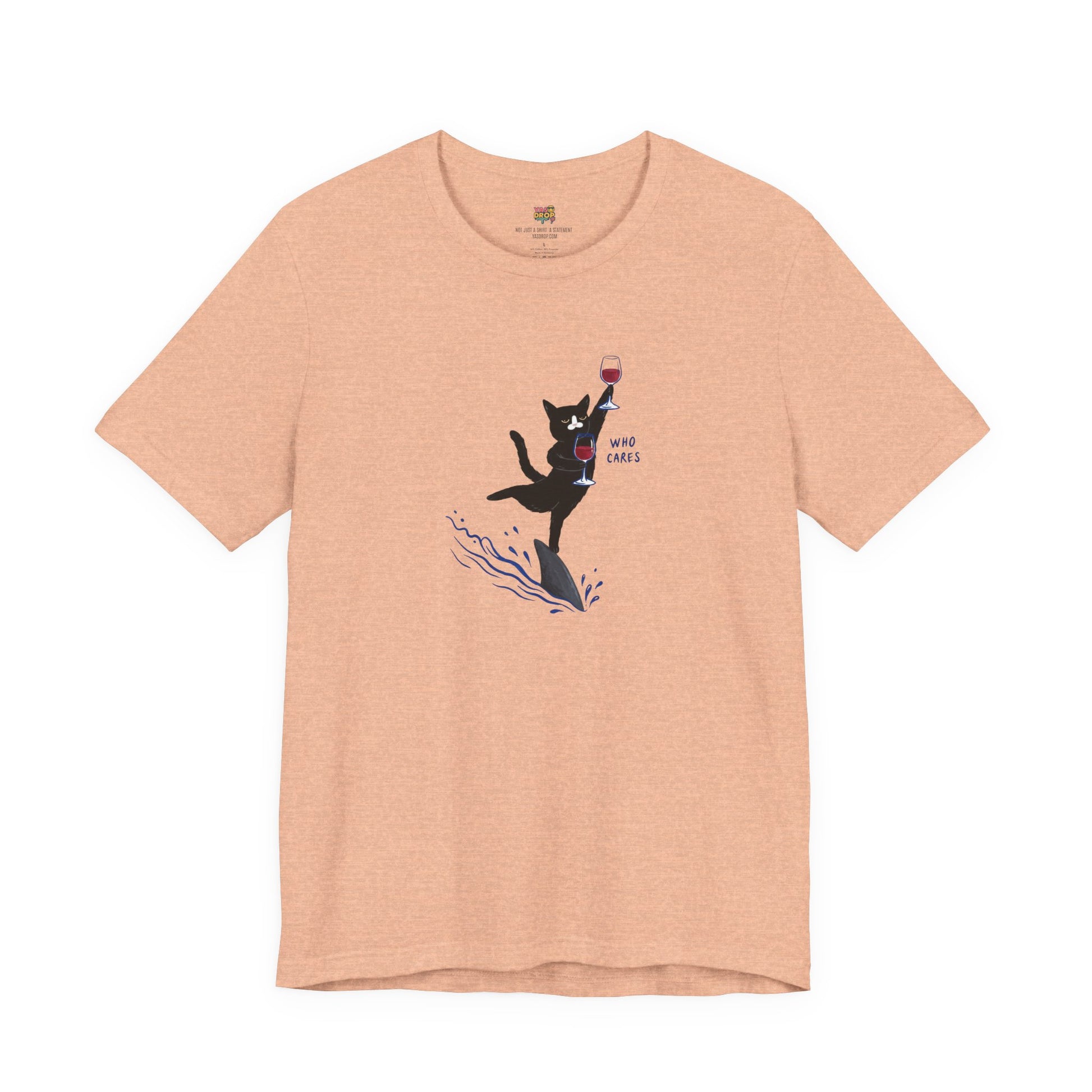 "Who Cares" Cat Surfing on Shark Graphic Tee – Ironic Minimalist Aesthetic Unisex T-Shirt
