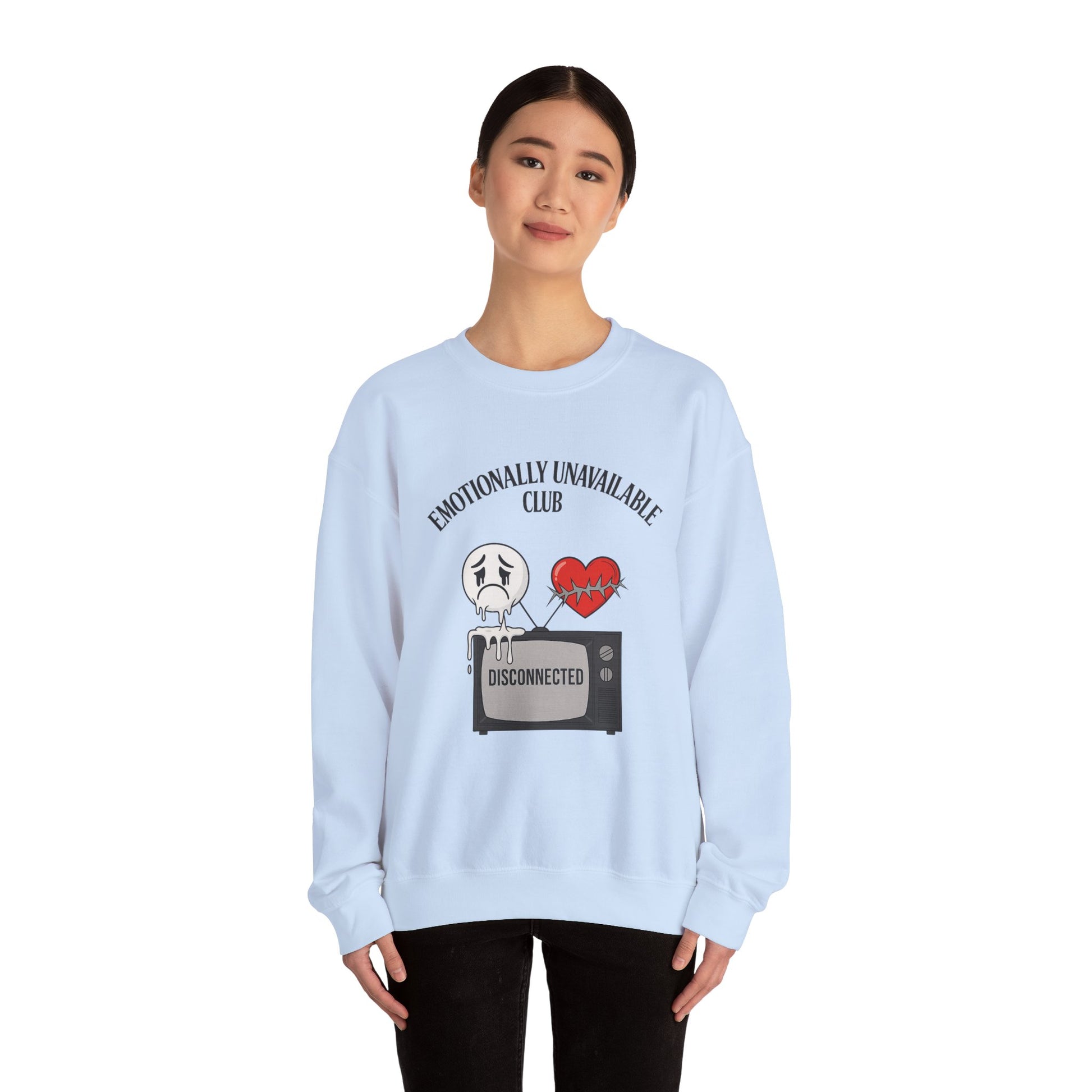 Emotionally Unavailable Club™ Oversized Graphic Sweatshirt – Sad Face, Barbed Heart, Disconnected TV