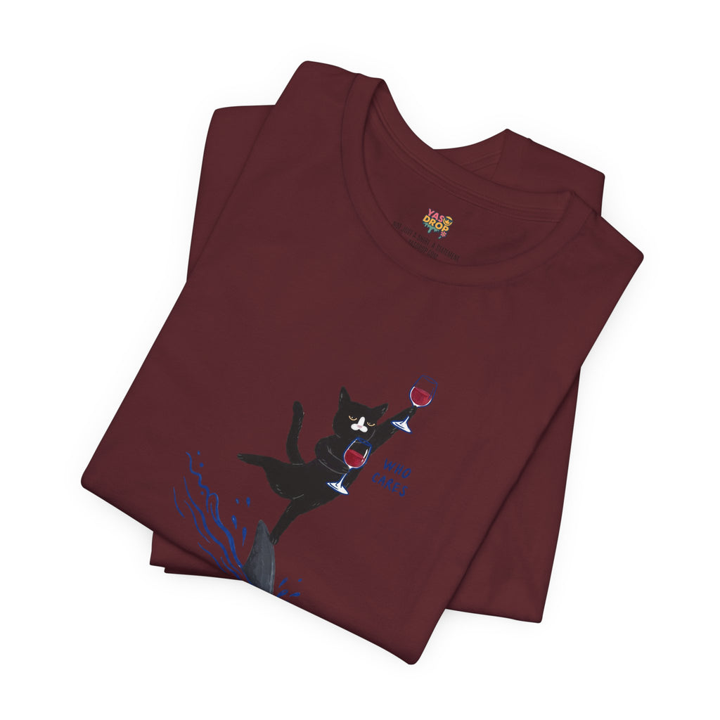 "Who Cares" Cat Surfing on Shark Graphic Tee – Ironic Minimalist Aesthetic Unisex T-Shirt
