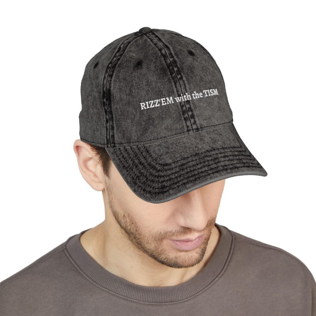 "Rizz 'Em With The Tism" Vintage Washed Embroidered Dad Hat | Trending Funny Meme Aesthetic Cap
