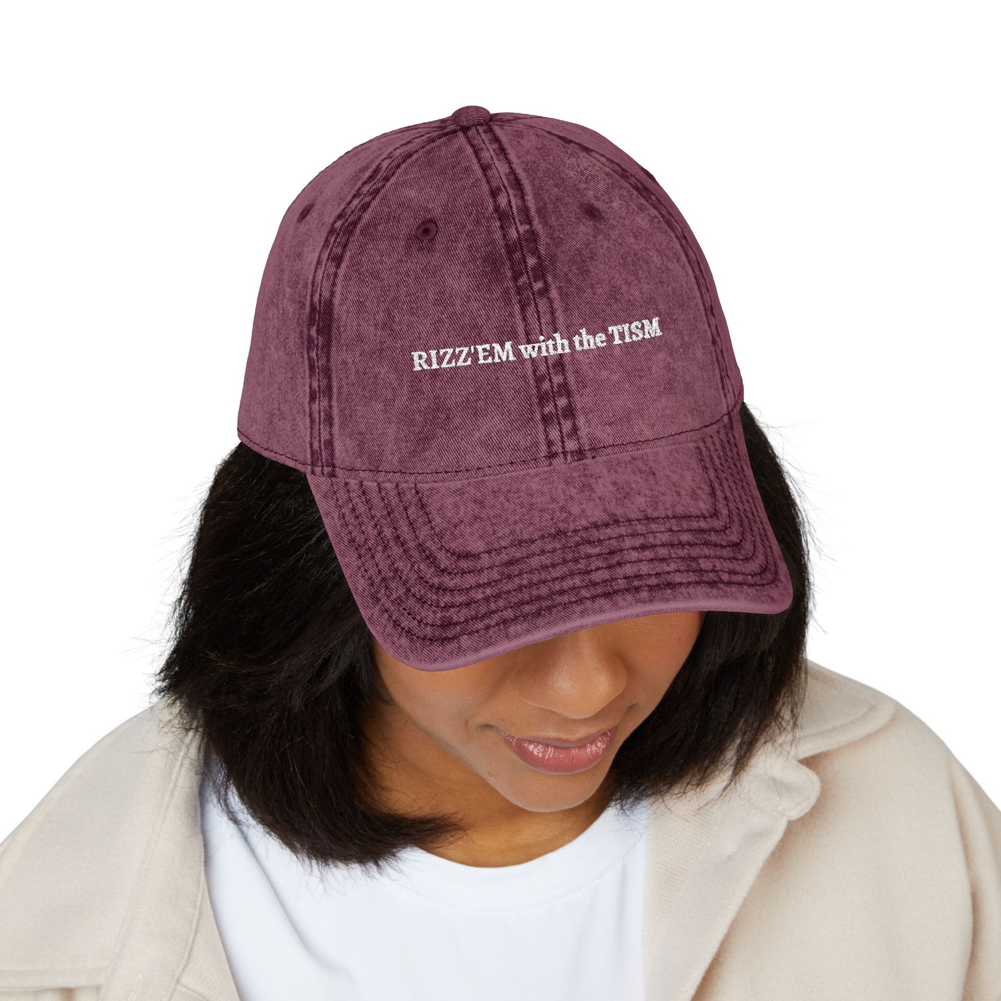 "Rizz 'Em With The Tism" Vintage Washed Embroidered Dad Hat | Trending Funny Meme Aesthetic Cap