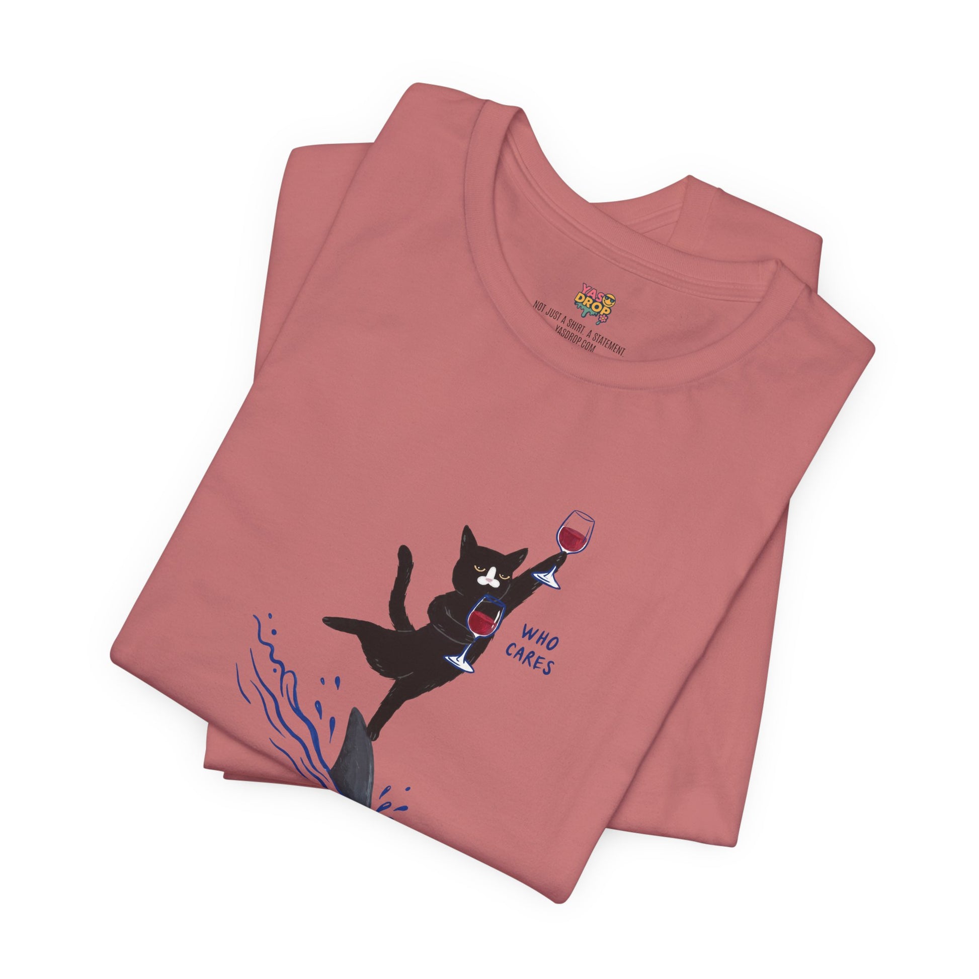"Who Cares" Cat Surfing on Shark Graphic Tee – Ironic Minimalist Aesthetic Unisex T-Shirt