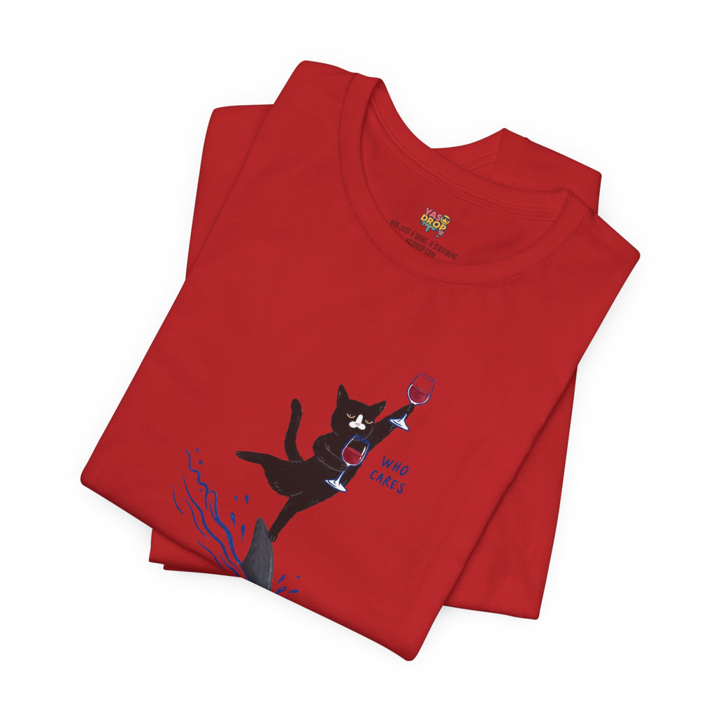 "Who Cares" Cat Surfing on Shark Graphic Tee – Ironic Minimalist Aesthetic Unisex T-Shirt