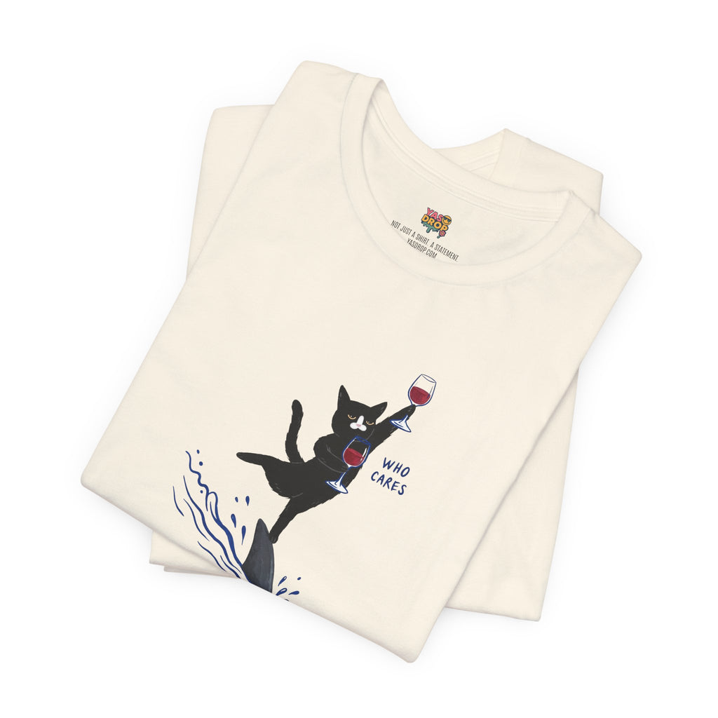 "Who Cares" Cat Surfing on Shark Graphic Tee – Ironic Minimalist Aesthetic Unisex T-Shirt