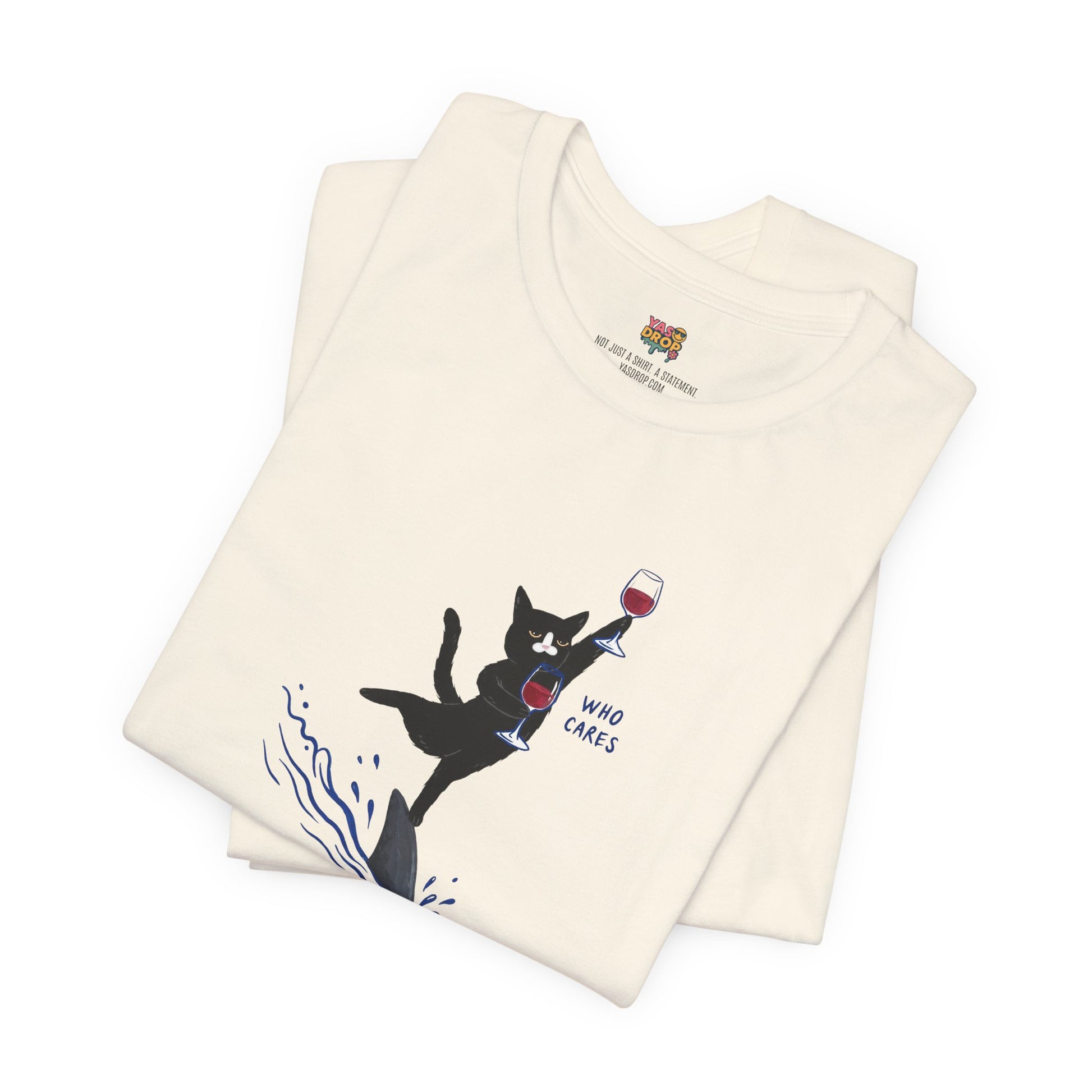 "Who Cares" Cat Surfing on Shark Graphic Tee – Ironic Minimalist Aesthetic Unisex T-Shirt