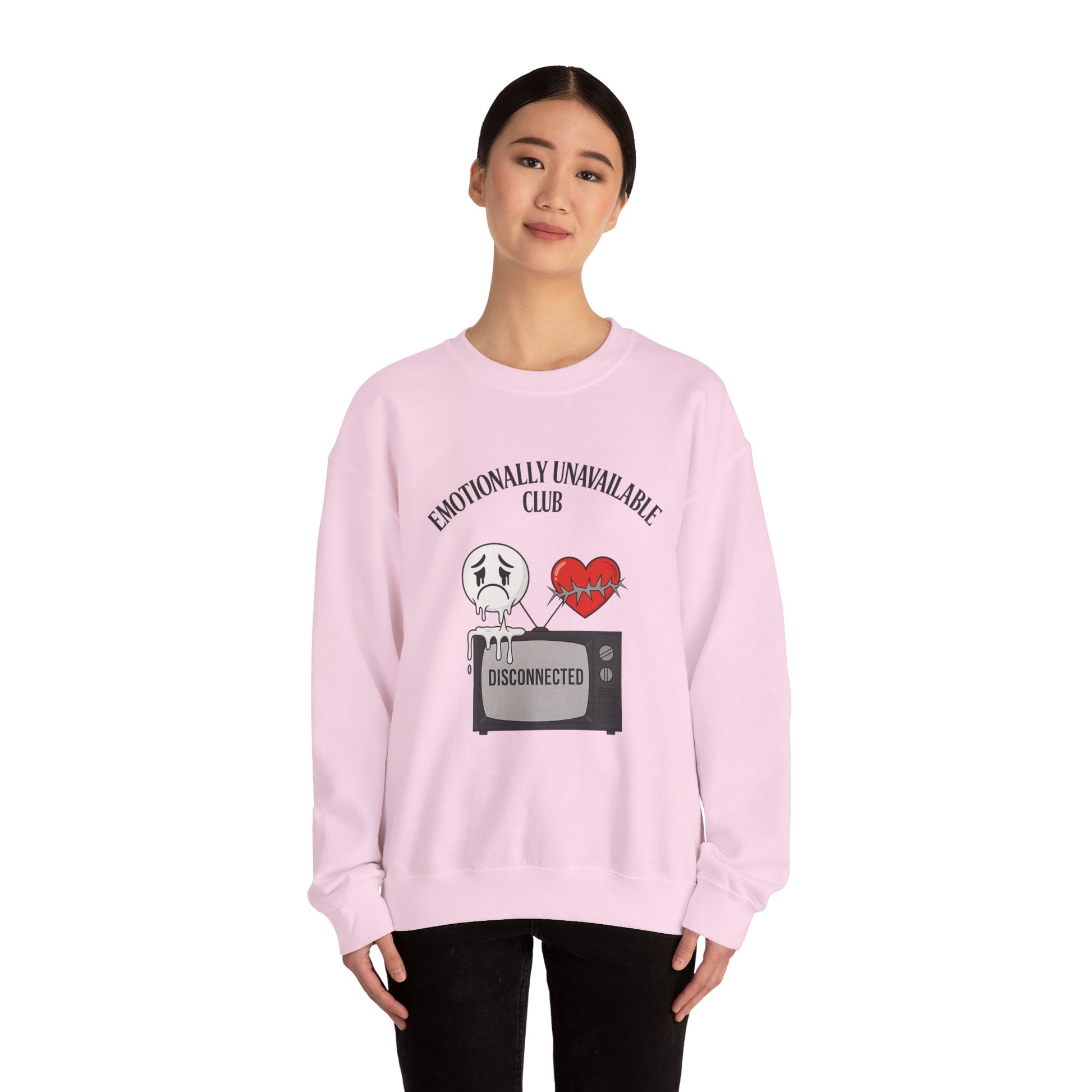 Emotionally Unavailable Club™ Oversized Graphic Sweatshirt – Sad Face, Barbed Heart, Disconnected TV