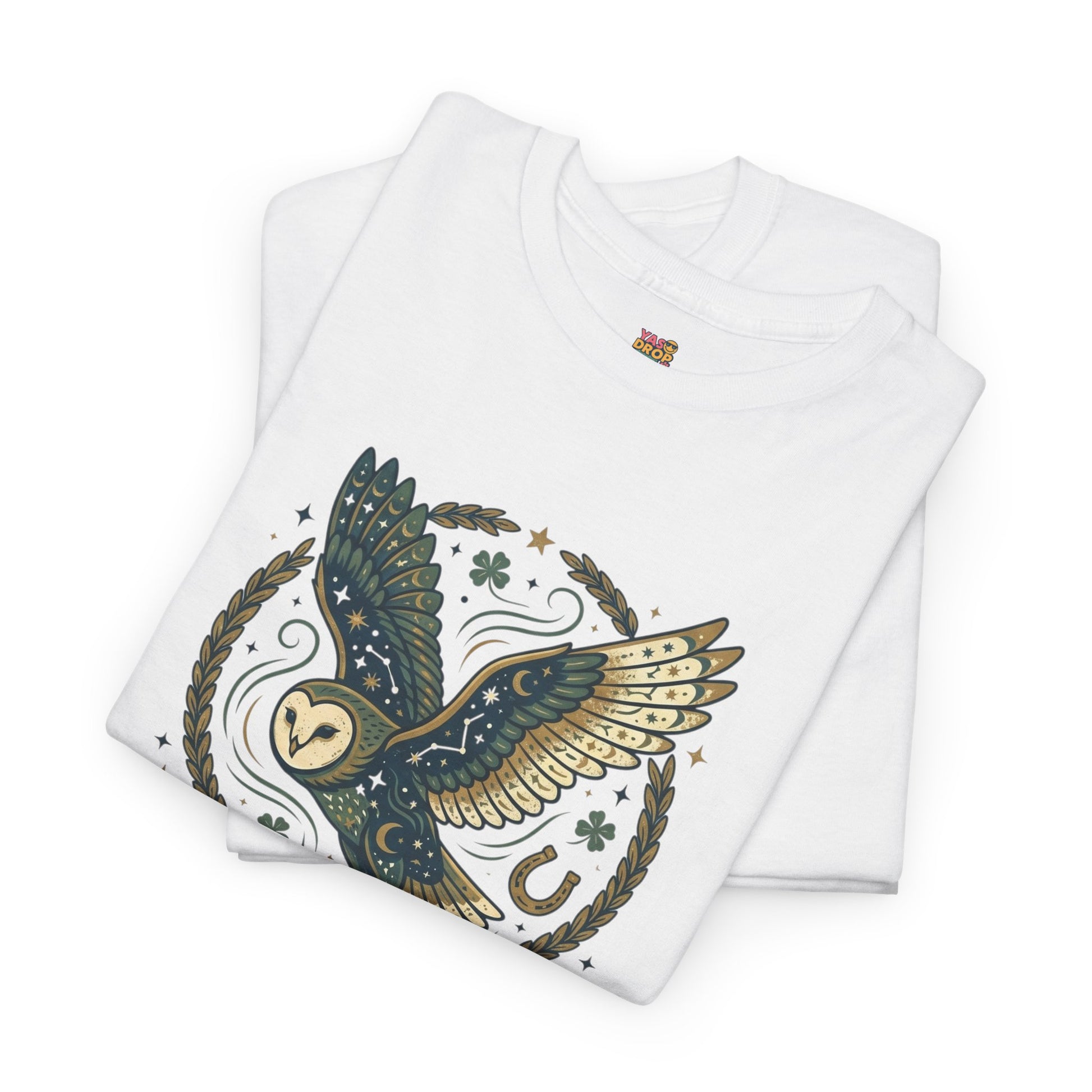 Mystical Night Owl’s Luck T-Shirt – Cosmic Celestial Good Fortune Apparel
