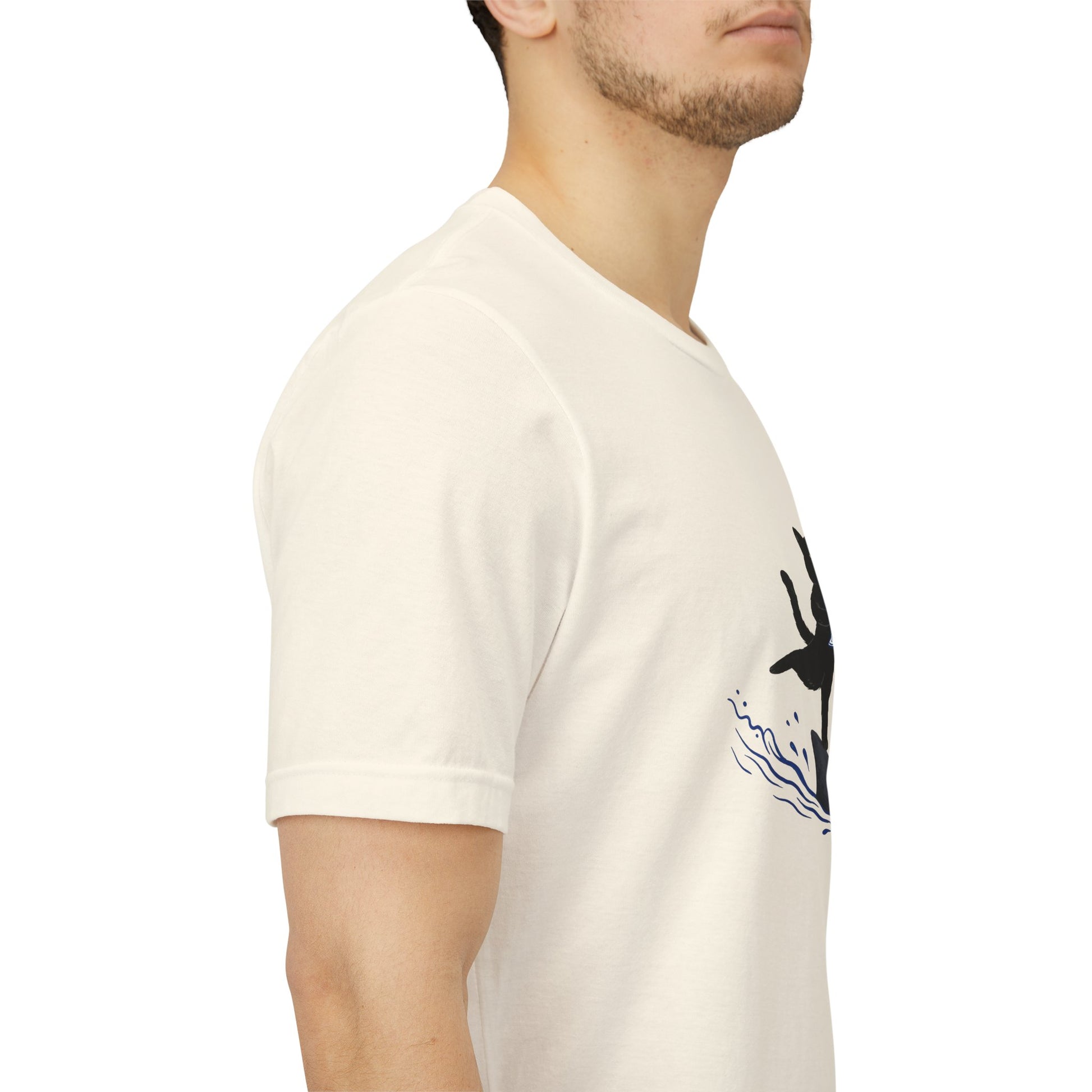 "Who Cares" Cat Surfing on Shark Graphic Tee – Ironic Minimalist Aesthetic Unisex T-Shirt