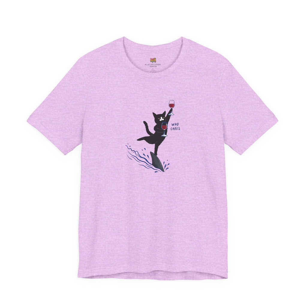 "Who Cares" Cat Surfing on Shark Graphic Tee – Ironic Minimalist Aesthetic Unisex T-Shirt