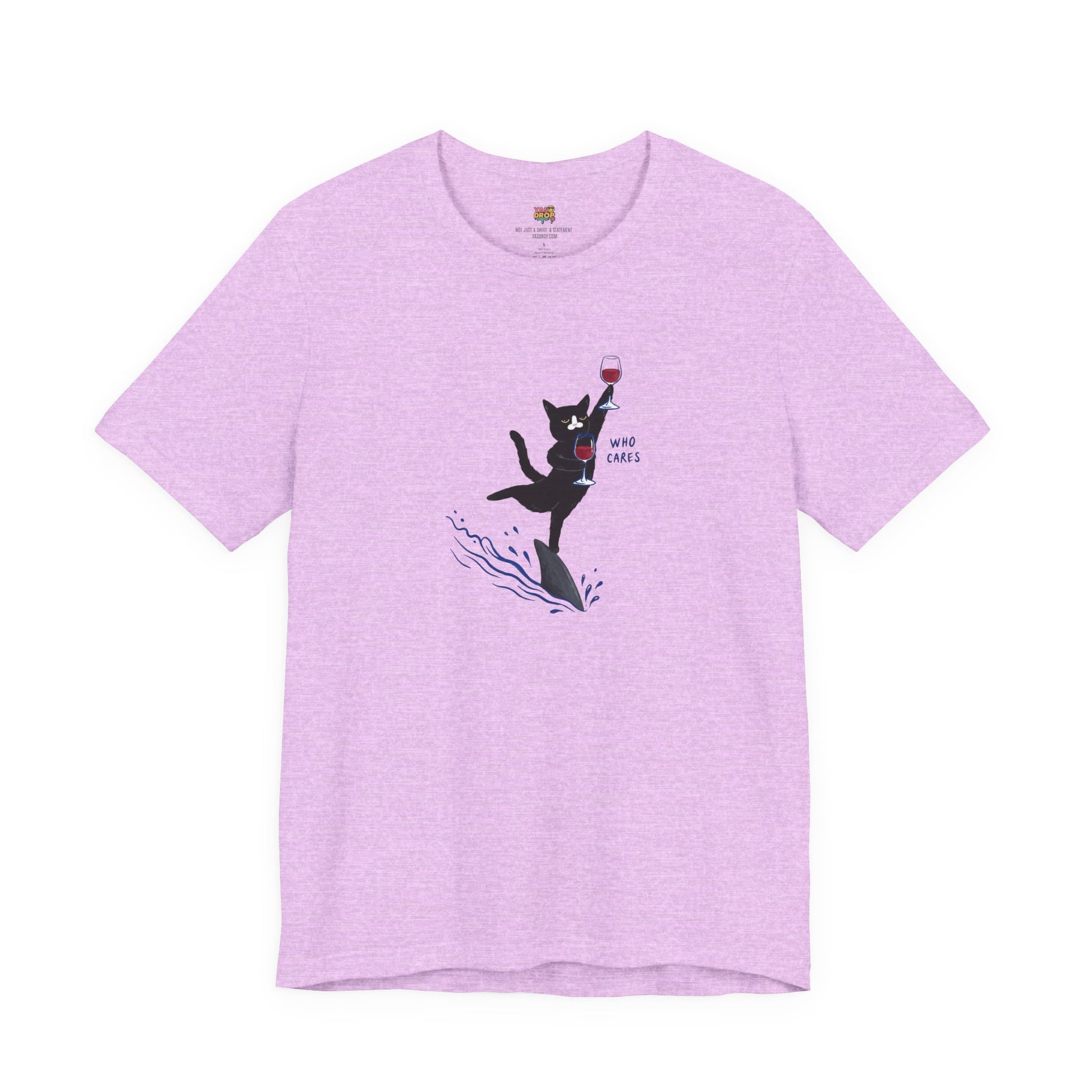 "Who Cares" Cat Surfing on Shark Graphic Tee – Ironic Minimalist Aesthetic Unisex T-Shirt