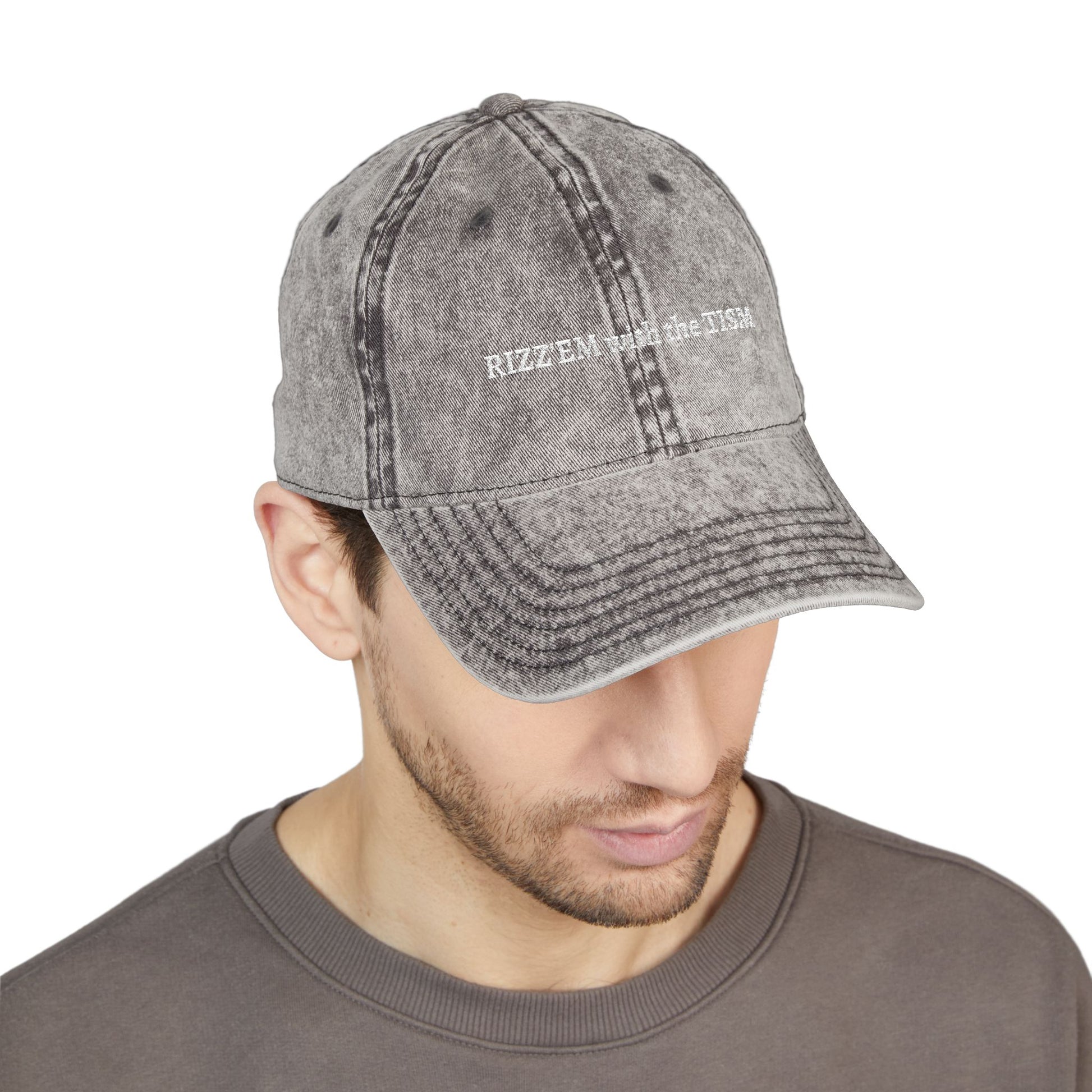 "Rizz 'Em With The Tism" Vintage Washed Embroidered Dad Hat | Trending Funny Meme Aesthetic Cap