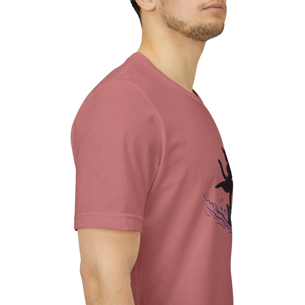 "Who Cares" Cat Surfing on Shark Graphic Tee – Ironic Minimalist Aesthetic Unisex T-Shirt