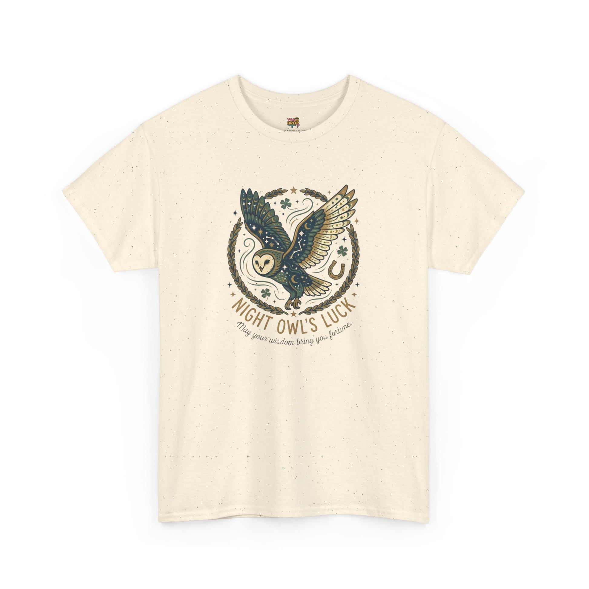 Mystical Night Owl’s Luck T-Shirt – Cosmic Celestial Good Fortune Apparel