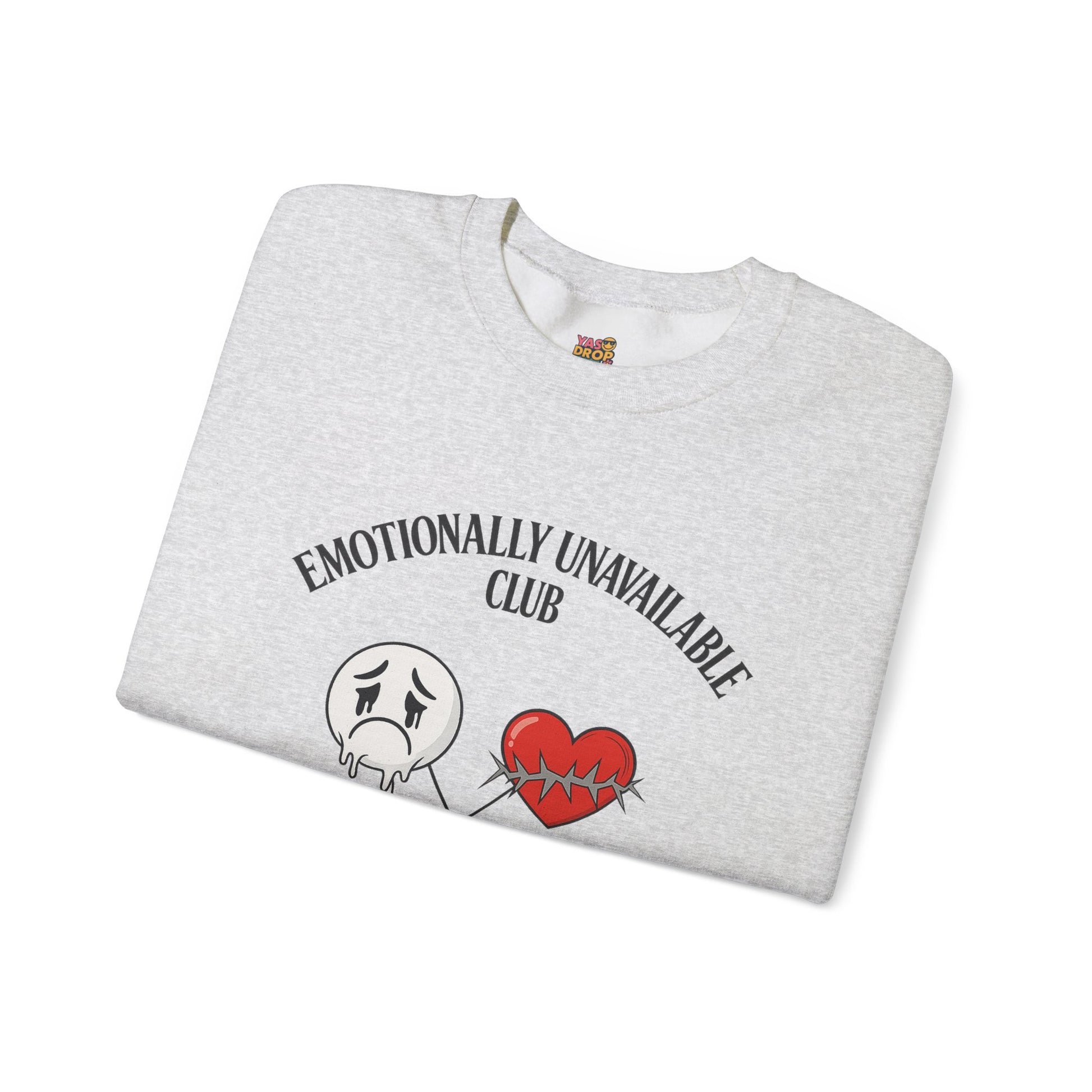 Emotionally Unavailable Club™ Oversized Graphic Sweatshirt – Sad Face, Barbed Heart, Disconnected TV