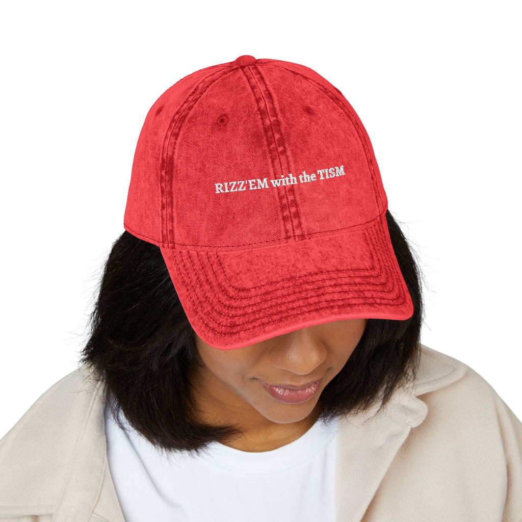 "Rizz 'Em With The Tism" Vintage Washed Embroidered Dad Hat | Trending Funny Meme Aesthetic Cap