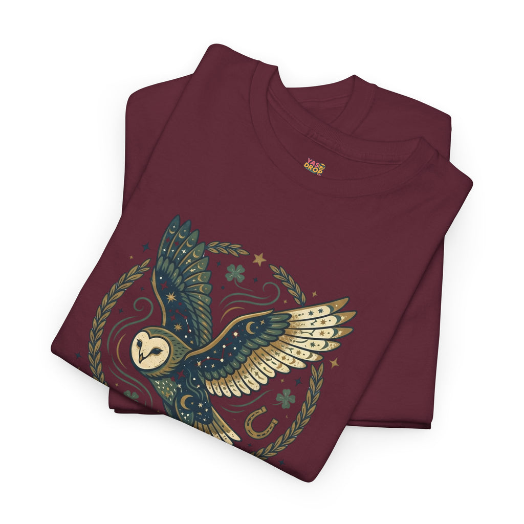 Mystical Night Owl’s Luck T-Shirt – Cosmic Celestial Good Fortune Apparel