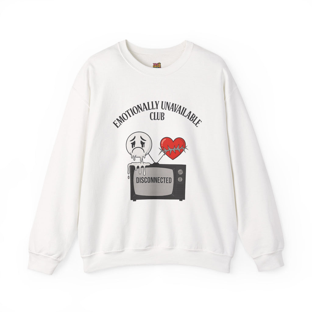 Emotionally Unavailable Club™ Oversized Graphic Sweatshirt – Sad Face, Barbed Heart, Disconnected TV