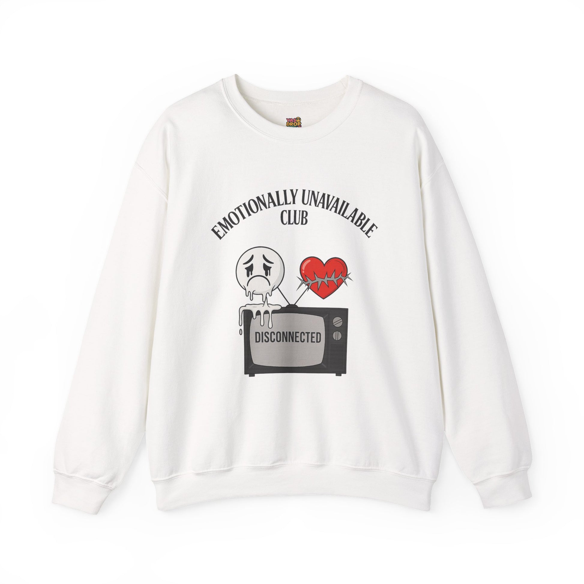 Emotionally Unavailable Club™ Oversized Graphic Sweatshirt – Sad Face, Barbed Heart, Disconnected TV