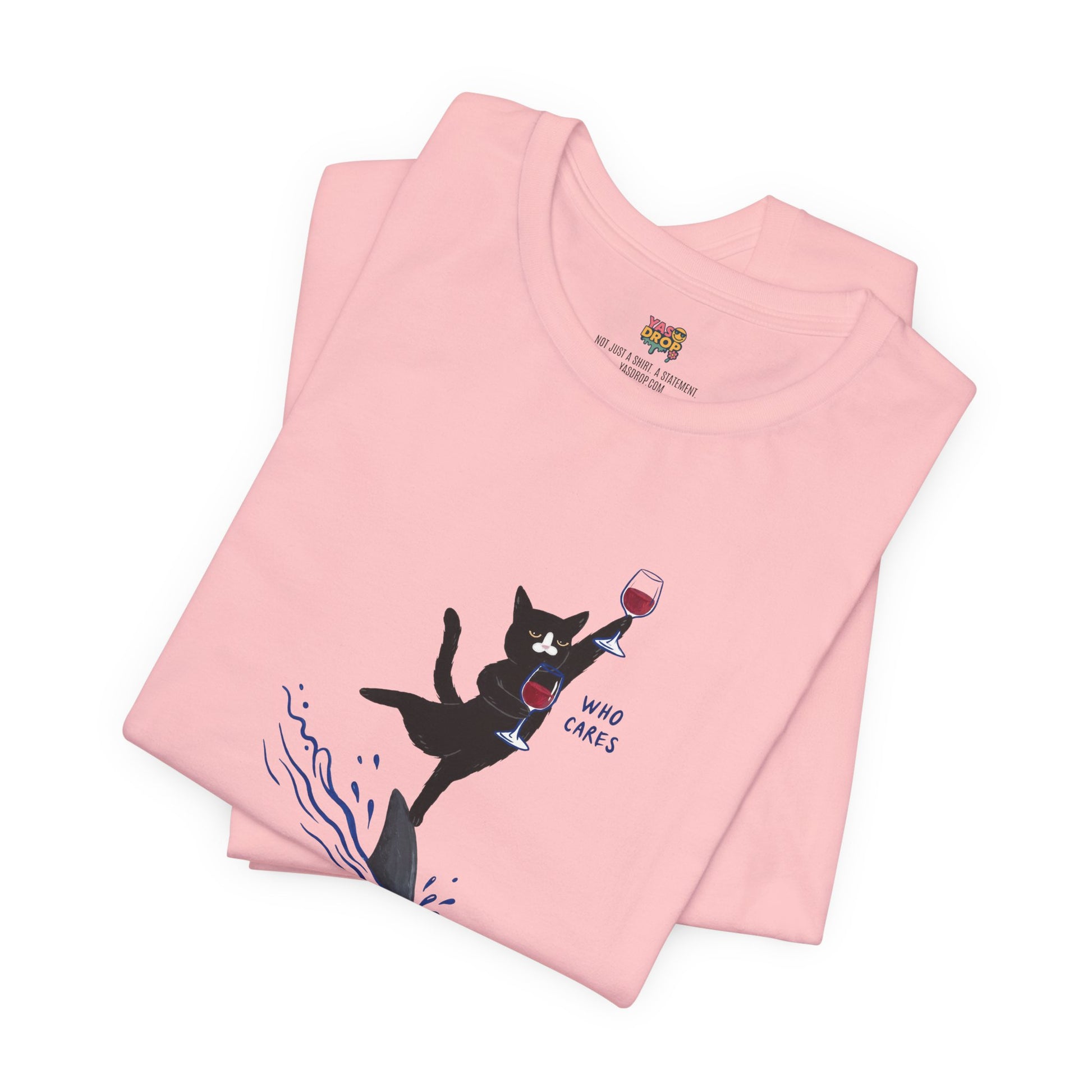 "Who Cares" Cat Surfing on Shark Graphic Tee – Ironic Minimalist Aesthetic Unisex T-Shirt