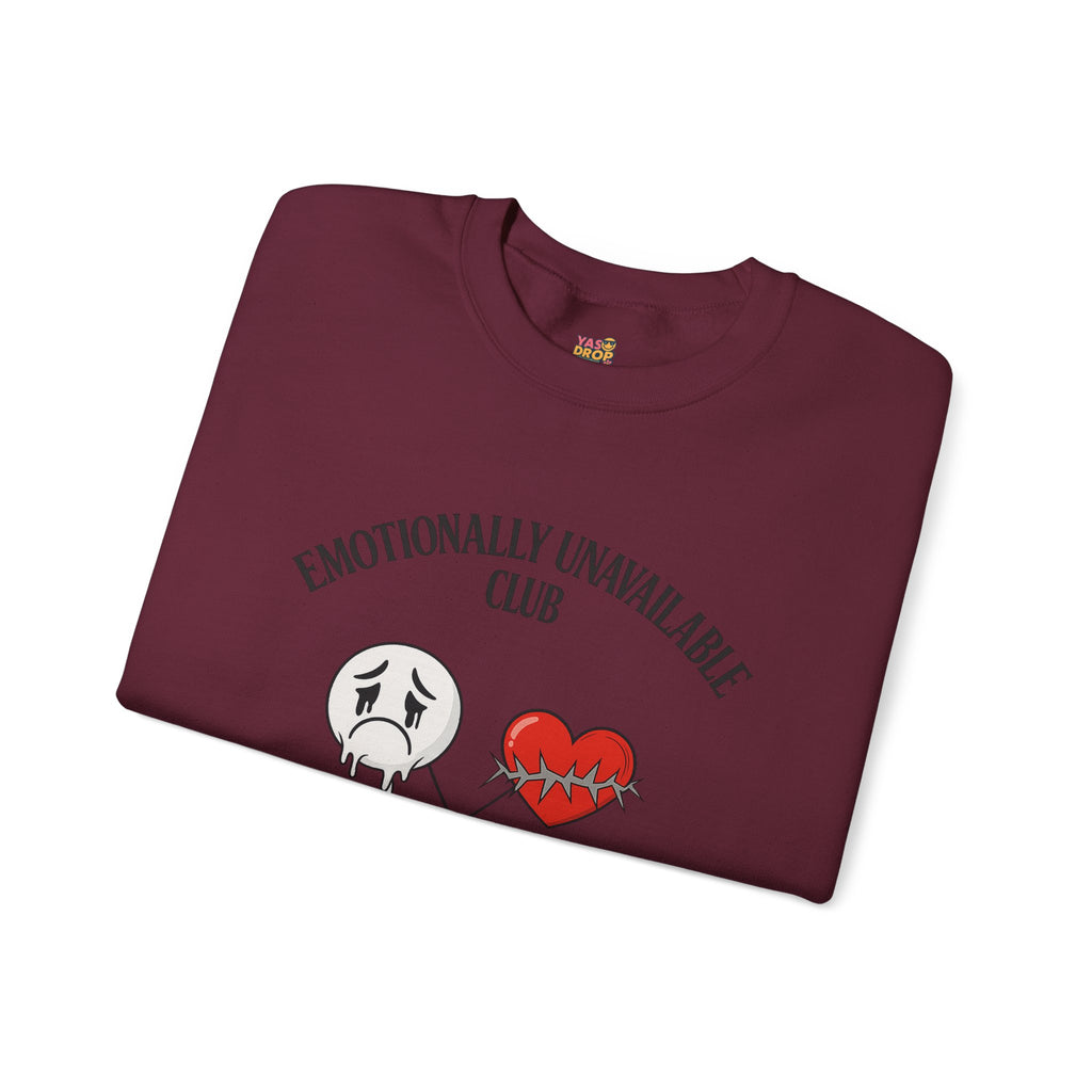 Emotionally Unavailable Club™ Oversized Graphic Sweatshirt – Sad Face, Barbed Heart, Disconnected TV