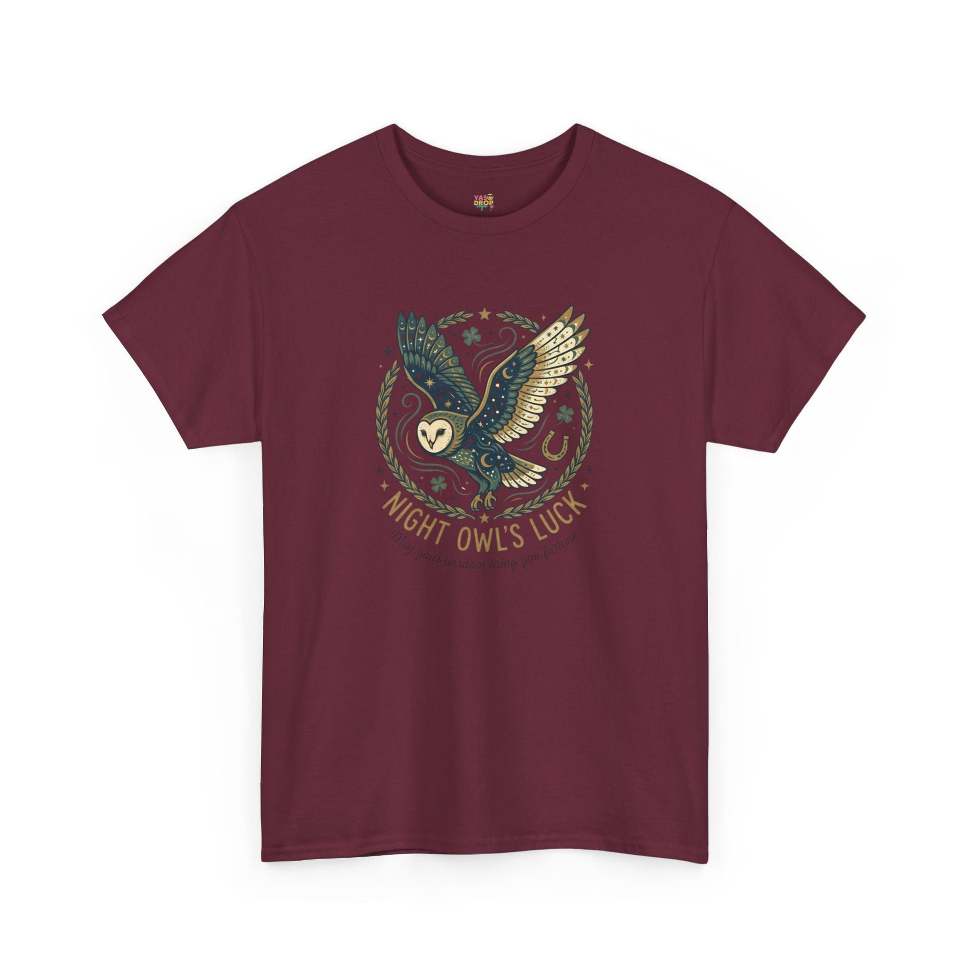 Mystical Night Owl’s Luck T-Shirt – Cosmic Celestial Good Fortune Apparel