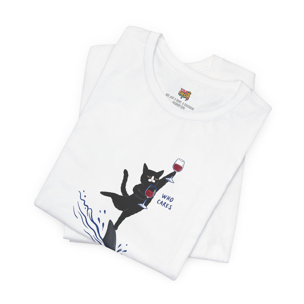 "Who Cares" Cat Surfing on Shark Graphic Tee – Ironic Minimalist Aesthetic Unisex T-Shirt