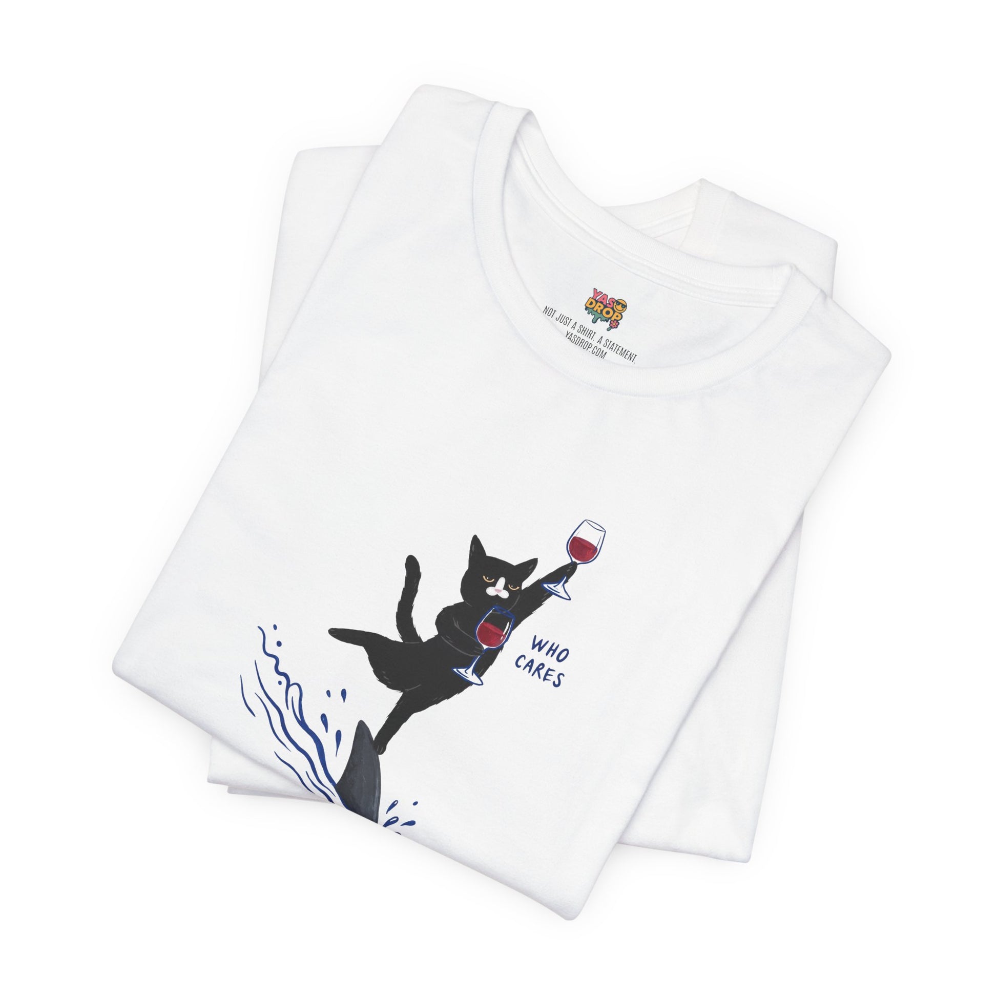 "Who Cares" Cat Surfing on Shark Graphic Tee – Ironic Minimalist Aesthetic Unisex T-Shirt