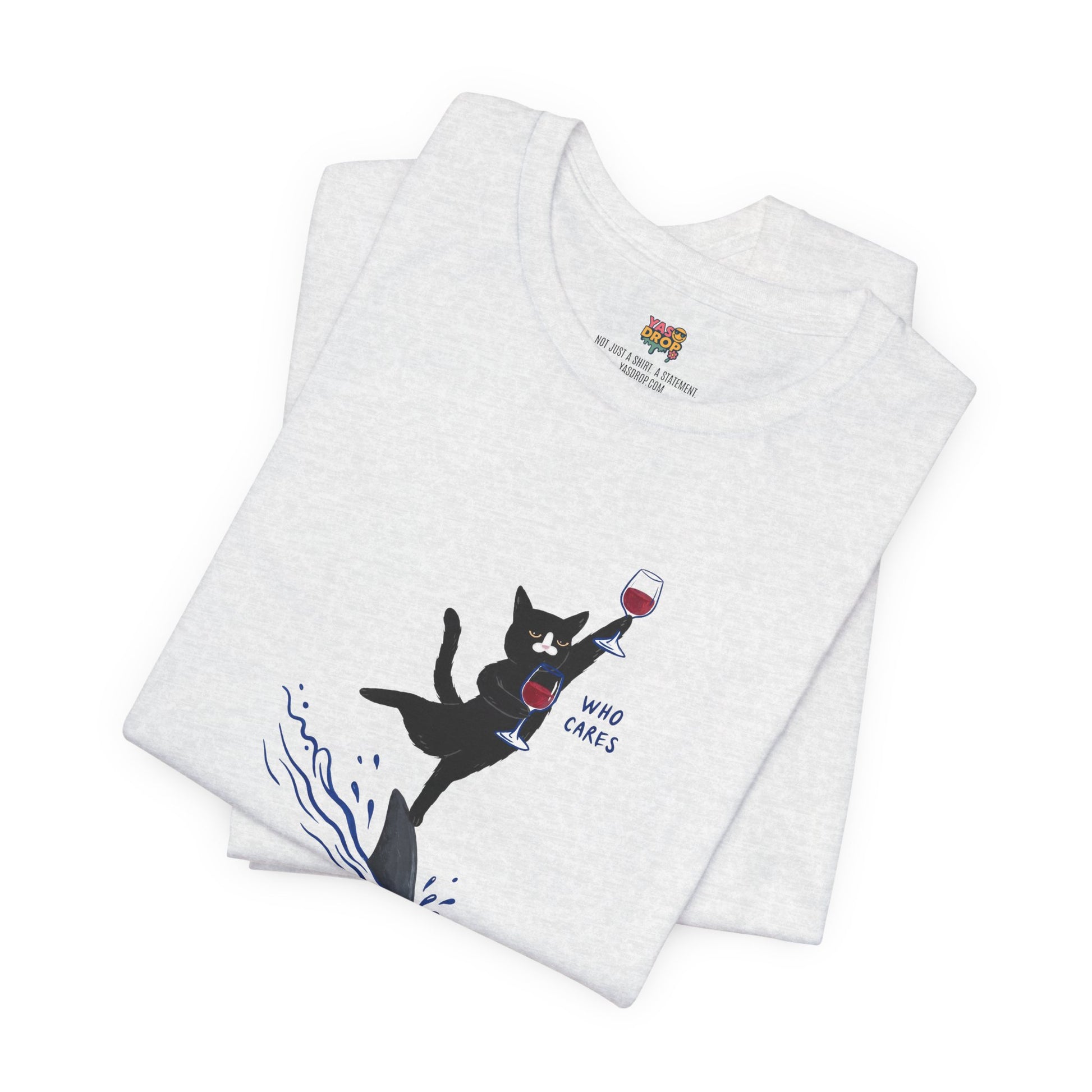 "Who Cares" Cat Surfing on Shark Graphic Tee – Ironic Minimalist Aesthetic Unisex T-Shirt