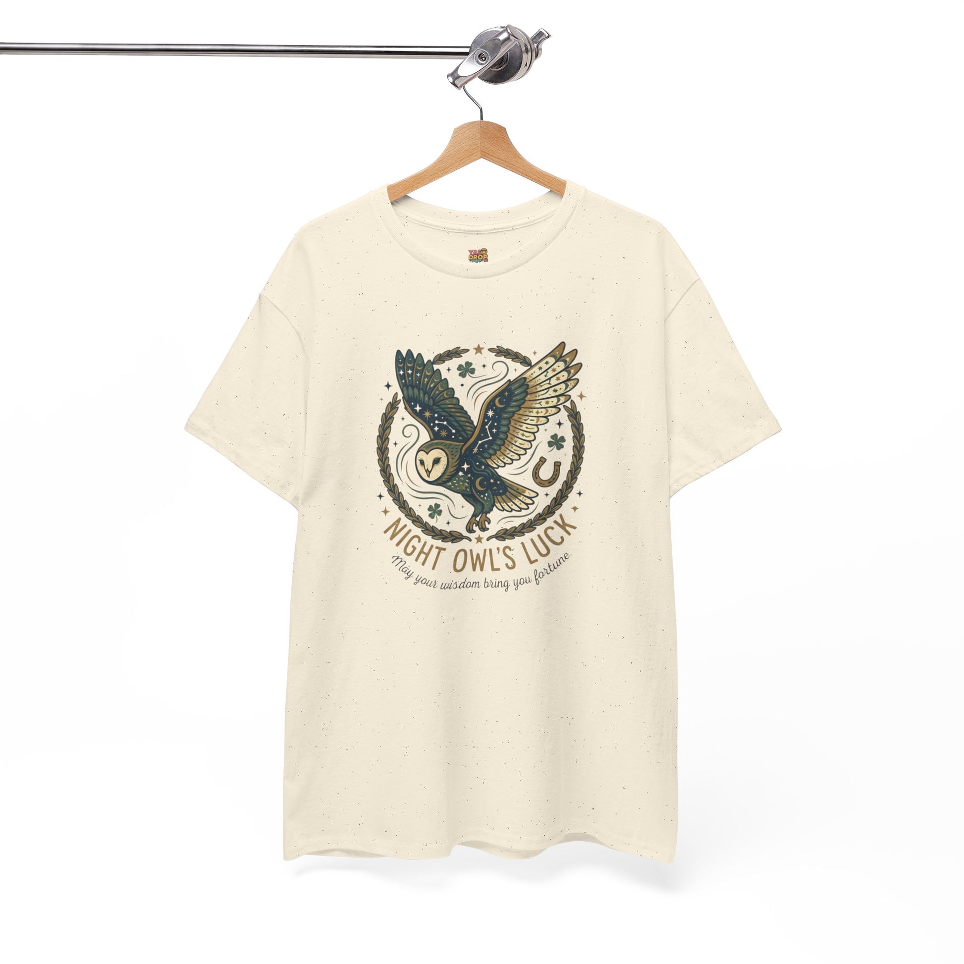 Mystical Night Owl’s Luck T-Shirt – Cosmic Celestial Good Fortune Apparel