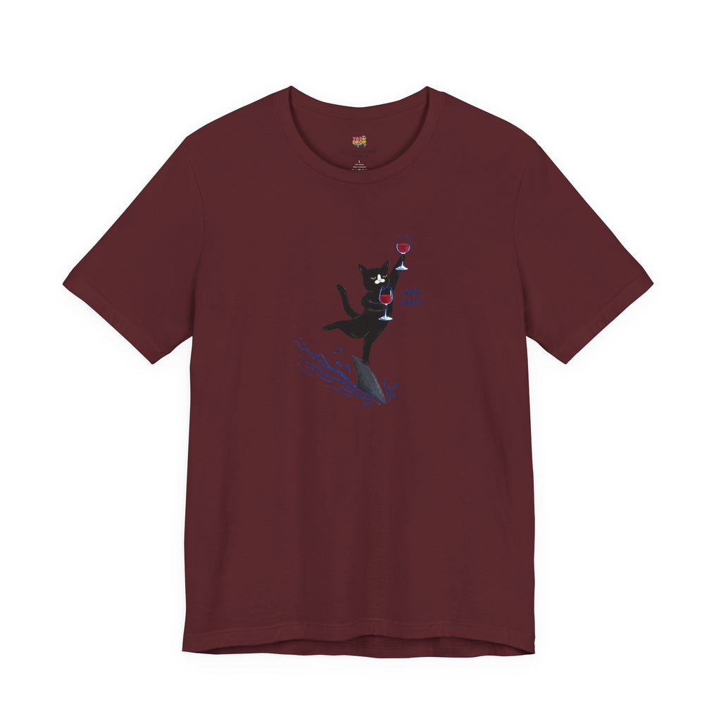 "Who Cares" Cat Surfing on Shark Graphic Tee – Ironic Minimalist Aesthetic Unisex T-Shirt