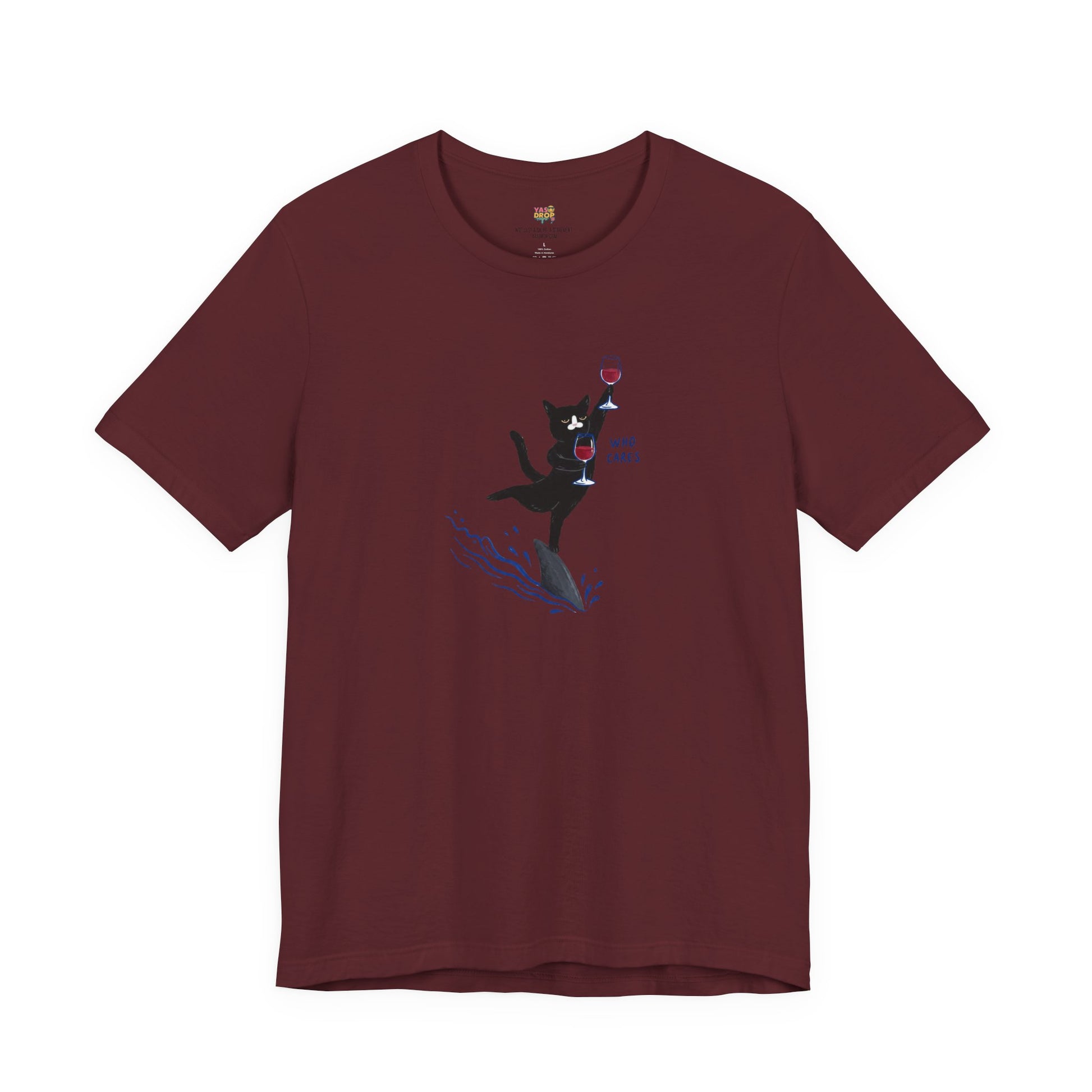 "Who Cares" Cat Surfing on Shark Graphic Tee – Ironic Minimalist Aesthetic Unisex T-Shirt